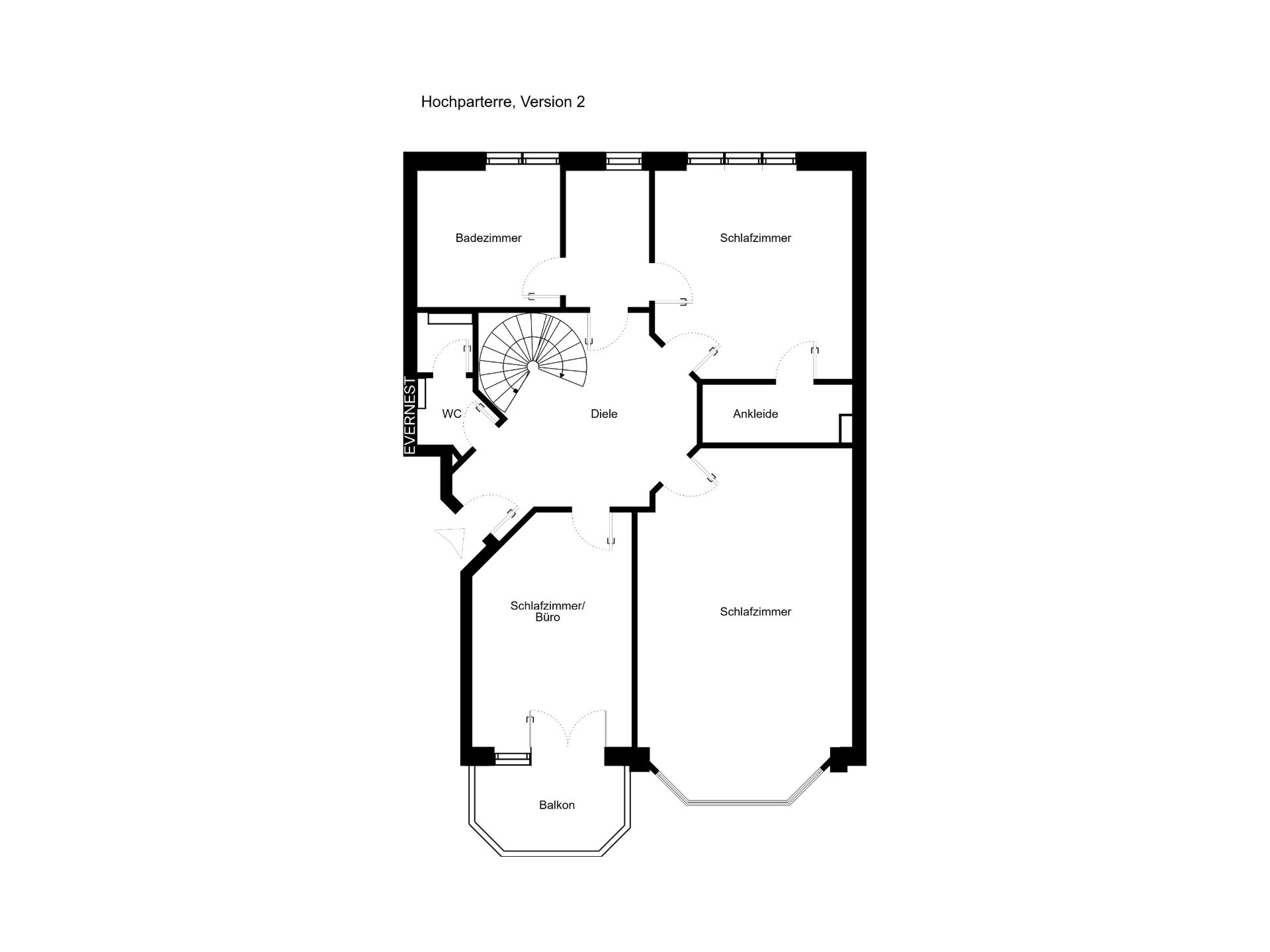 Grundriss einer Wohnung mit Diele, Bad, WC, Schlafzimmern, Ankleide, Büro und Balkon.