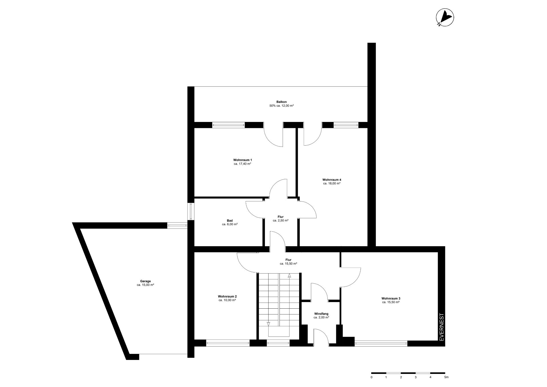 Grundriss eines Hauses mit vier Wohnräumen, Garage, Bad, Fluren, Windfang und Balkon.