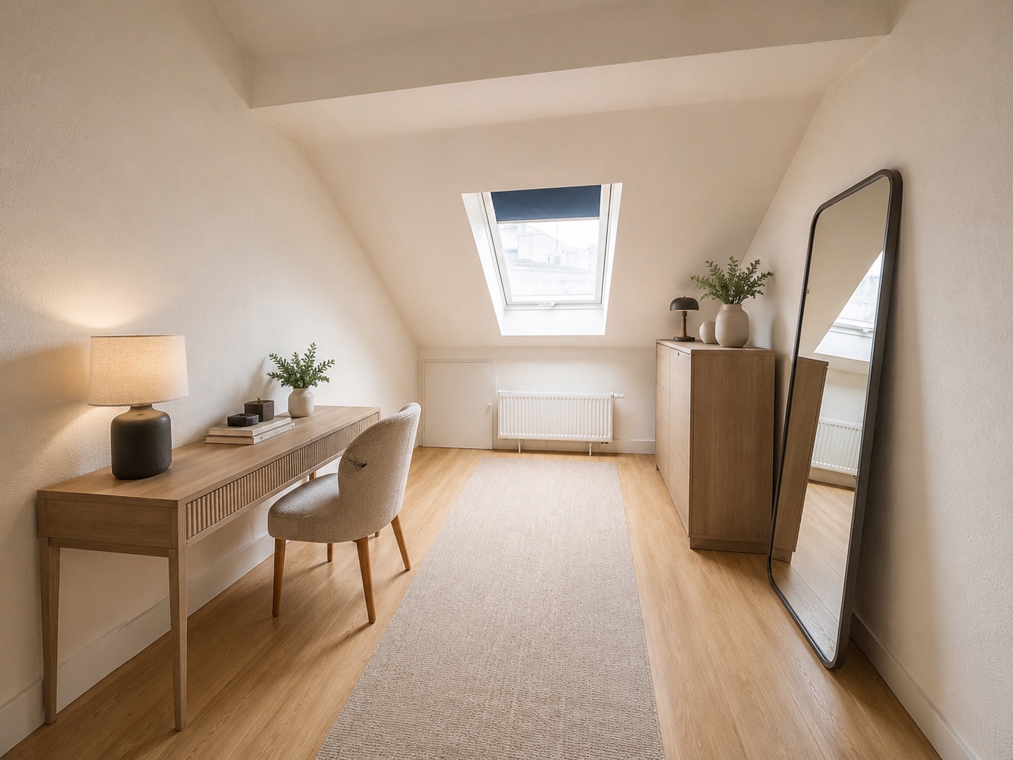 Helles Zimmer mit Schreibtisch, Stuhl, Kommode, Spiegel und Dachfenster.
