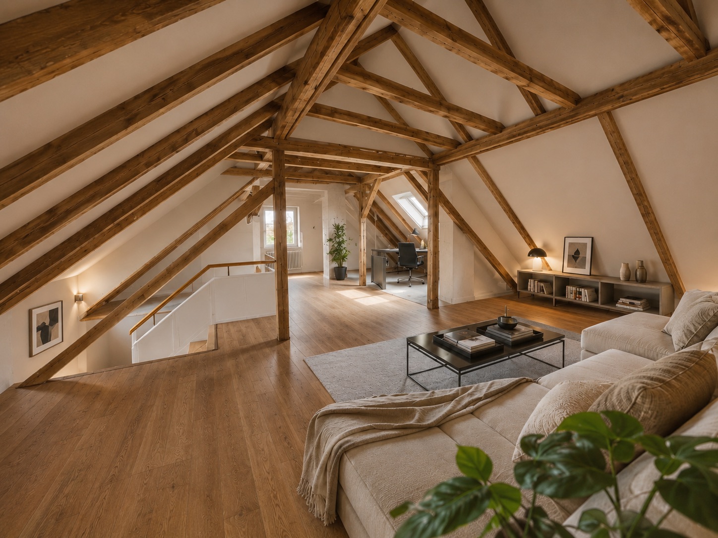 Gemütlicher Dachboden mit Holzbalken, Sofa, Couchtisch und Arbeitsplatz am Fenster.