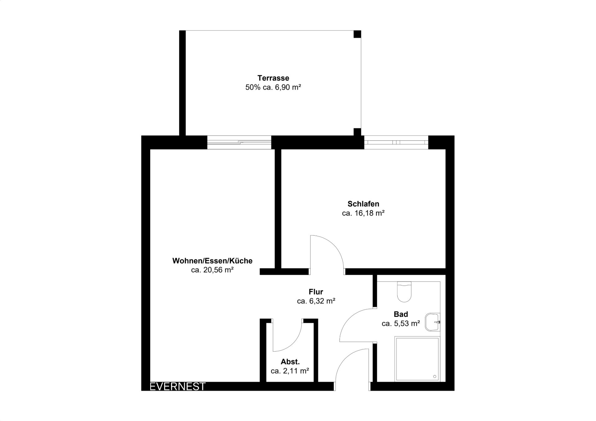 Grundriss einer Wohnung mit Schlafzimmer, Bad, Wohnküche, Abstellraum, Flur und Terrasse.