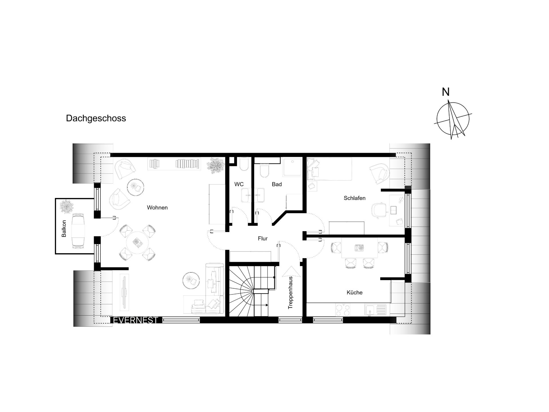 Grundriss eines Dachgeschosses mit Wohn-, Schlaf-, Küchenbereich, Bad, WC und Balkon.