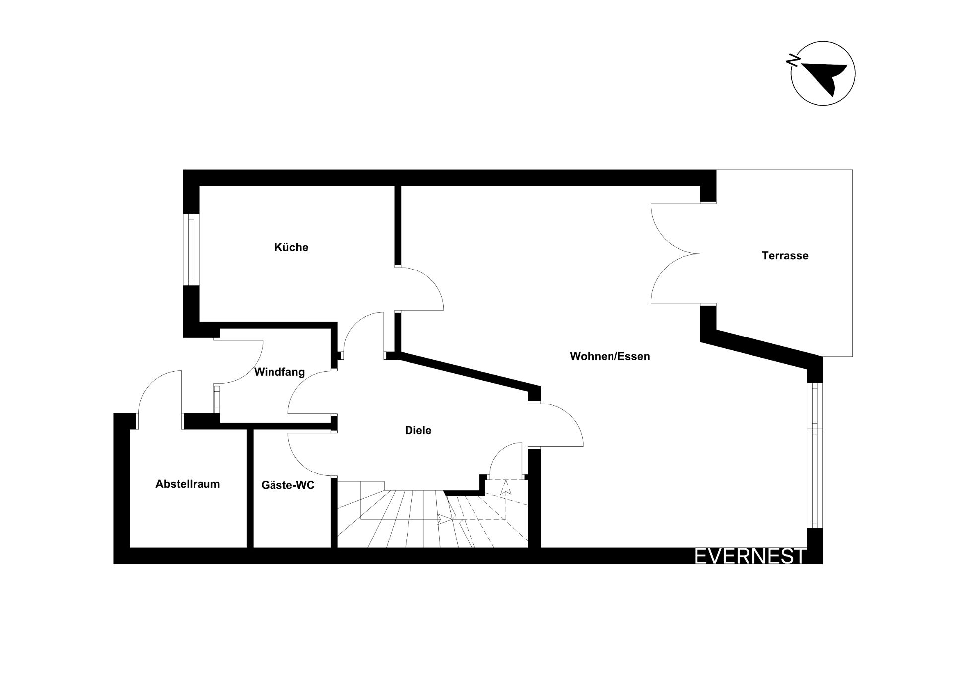 Grundriss mit Küche, Wohn-/Esszimmer, Gäste-WC, Abstellraum und Terrasse.