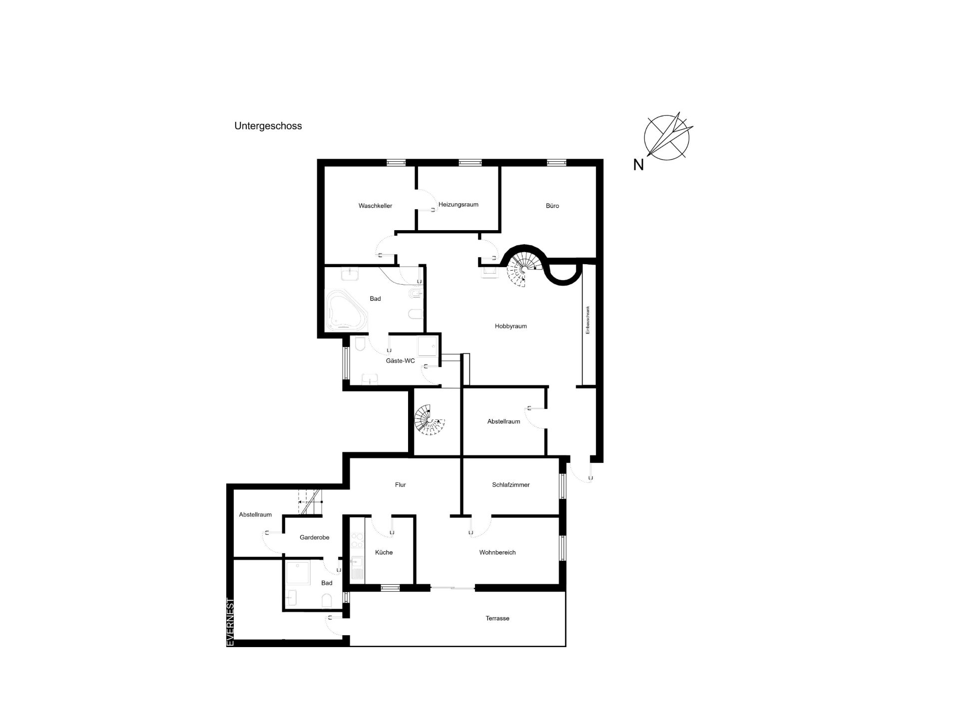 Grundriss eines Untergeschosses mit mehreren Räumen, darunter Küche, Wohnzimmer und Terrasse.