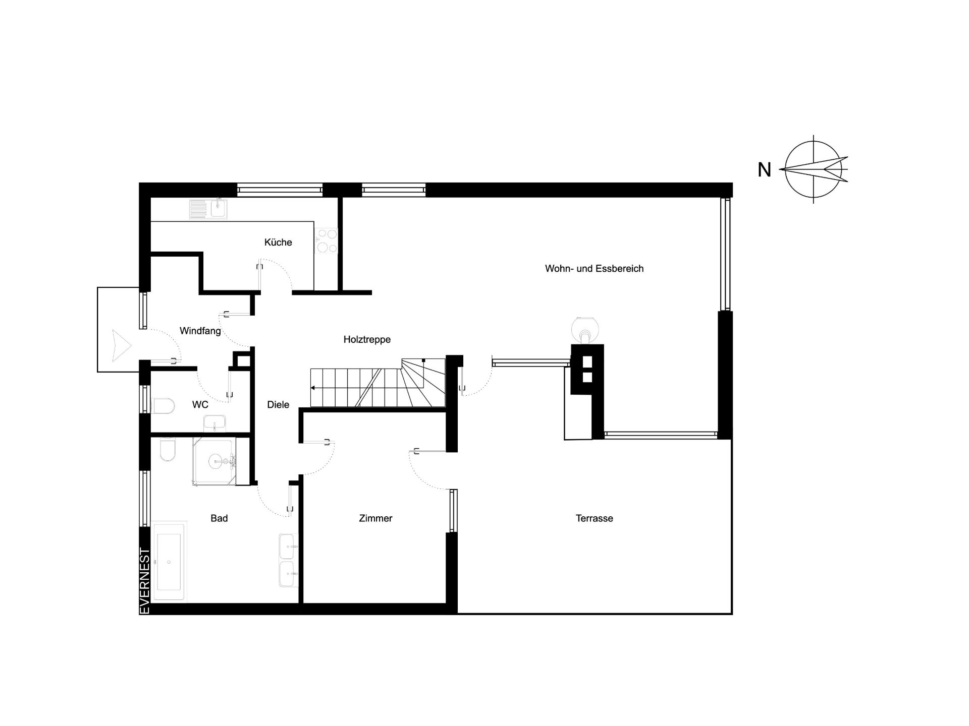 Grundriss eines Hauses mit Wohn- und Essbereich, Küche, Bad, WC, Zimmer und Terrasse.