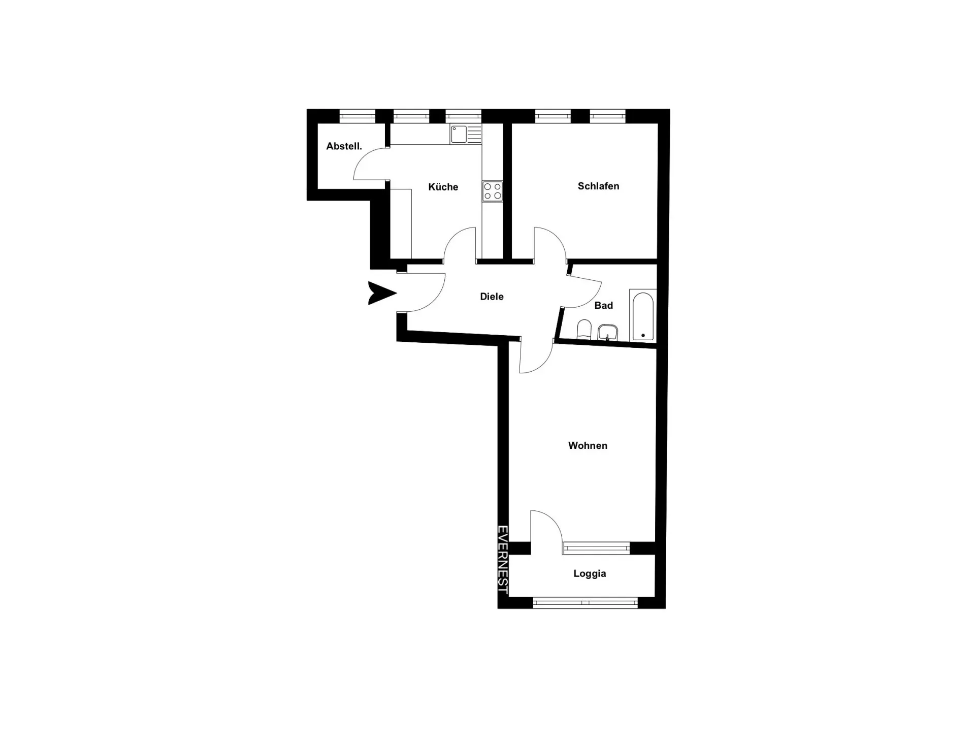 Grundriss einer Wohnung mit Schlafzimmer, Wohnzimmer, Küche, Bad, Abstellraum und Loggia.