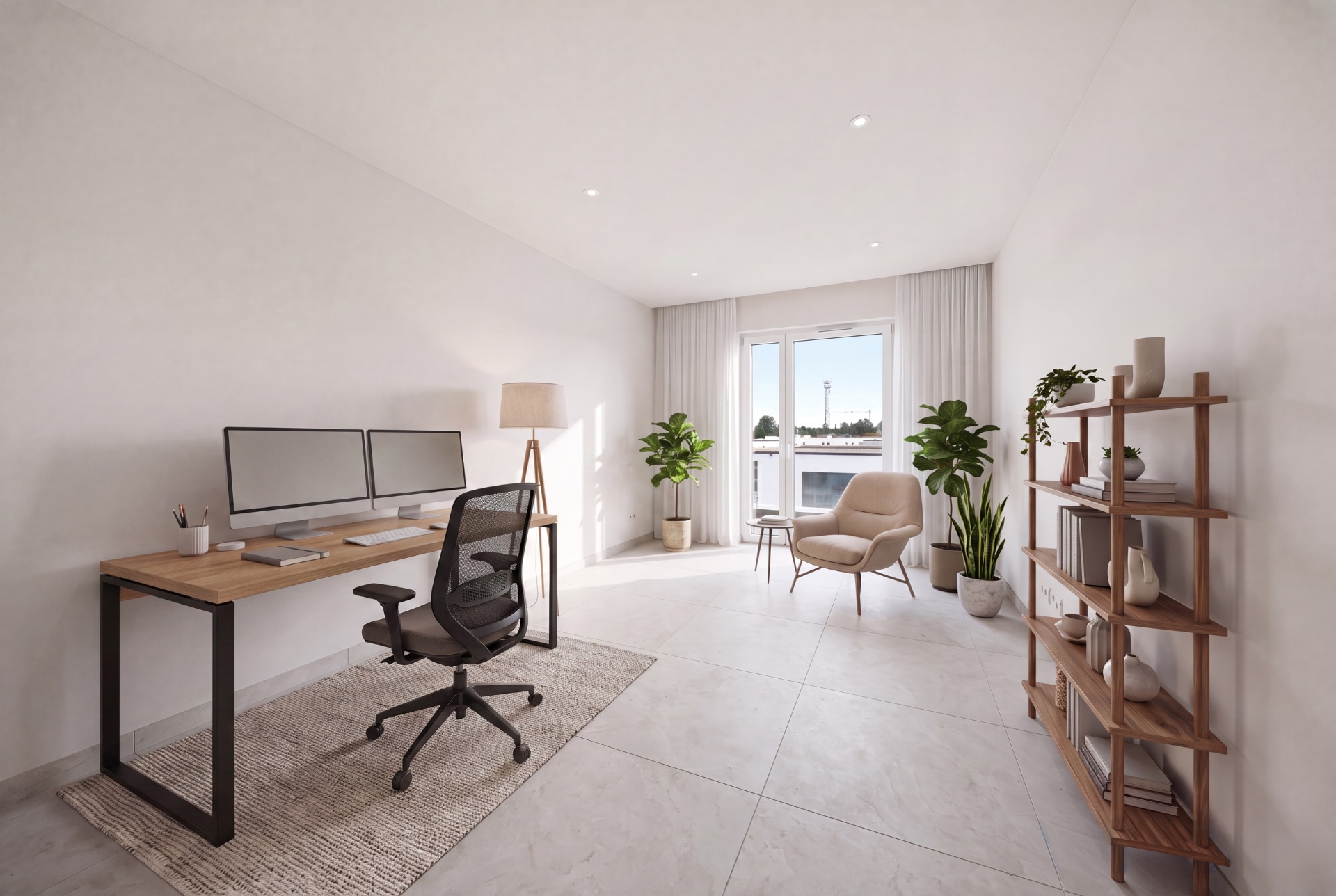 Helles Arbeitszimmer mit Schreibtisch, Stuhl, zwei Monitoren, Regal, Sessel und Zimmerpflanzen.