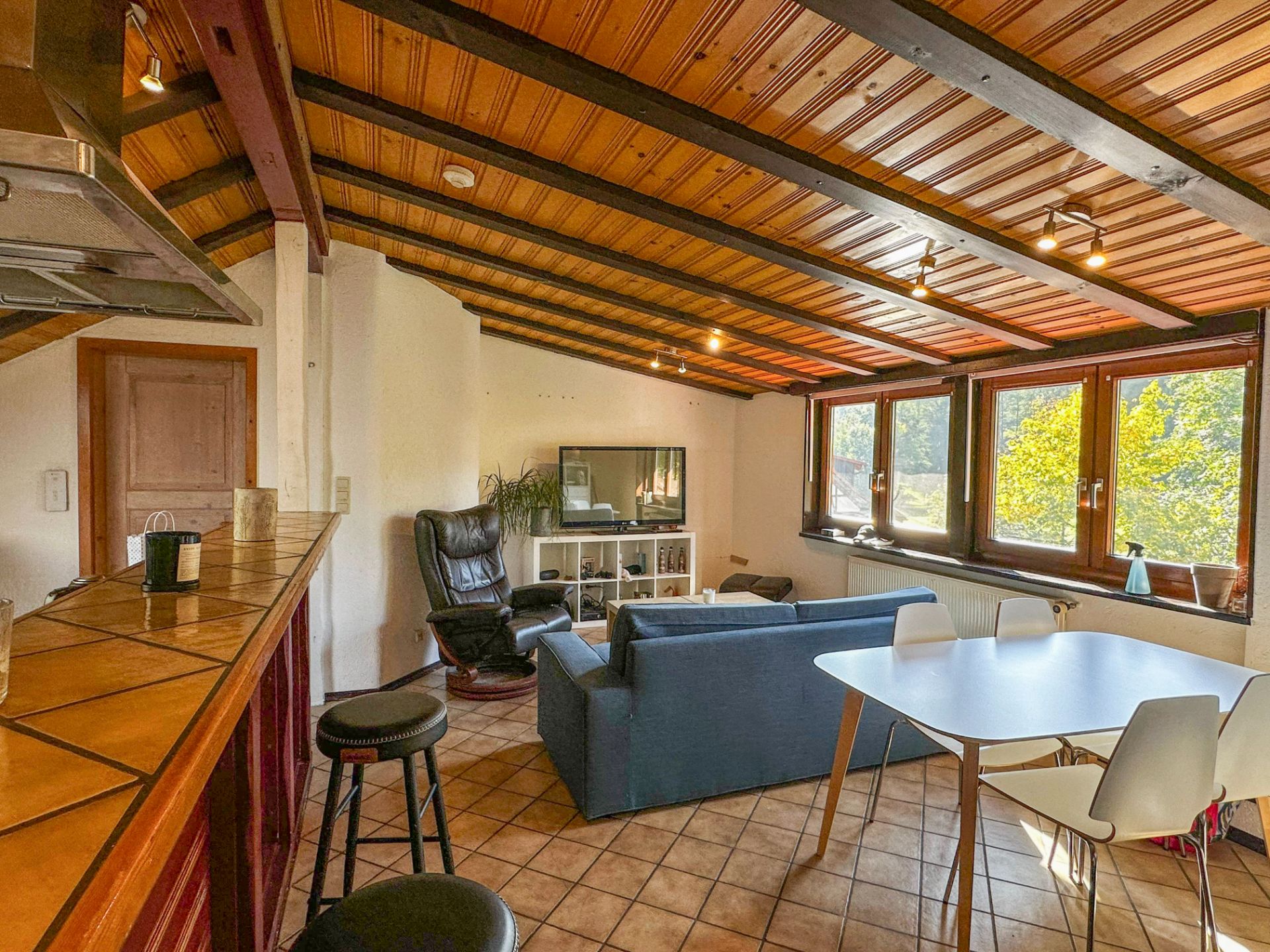 Wohnzimmer mit Sofa, Esstisch, Fernseher und großen Fenstern unter einer Holzdecke.