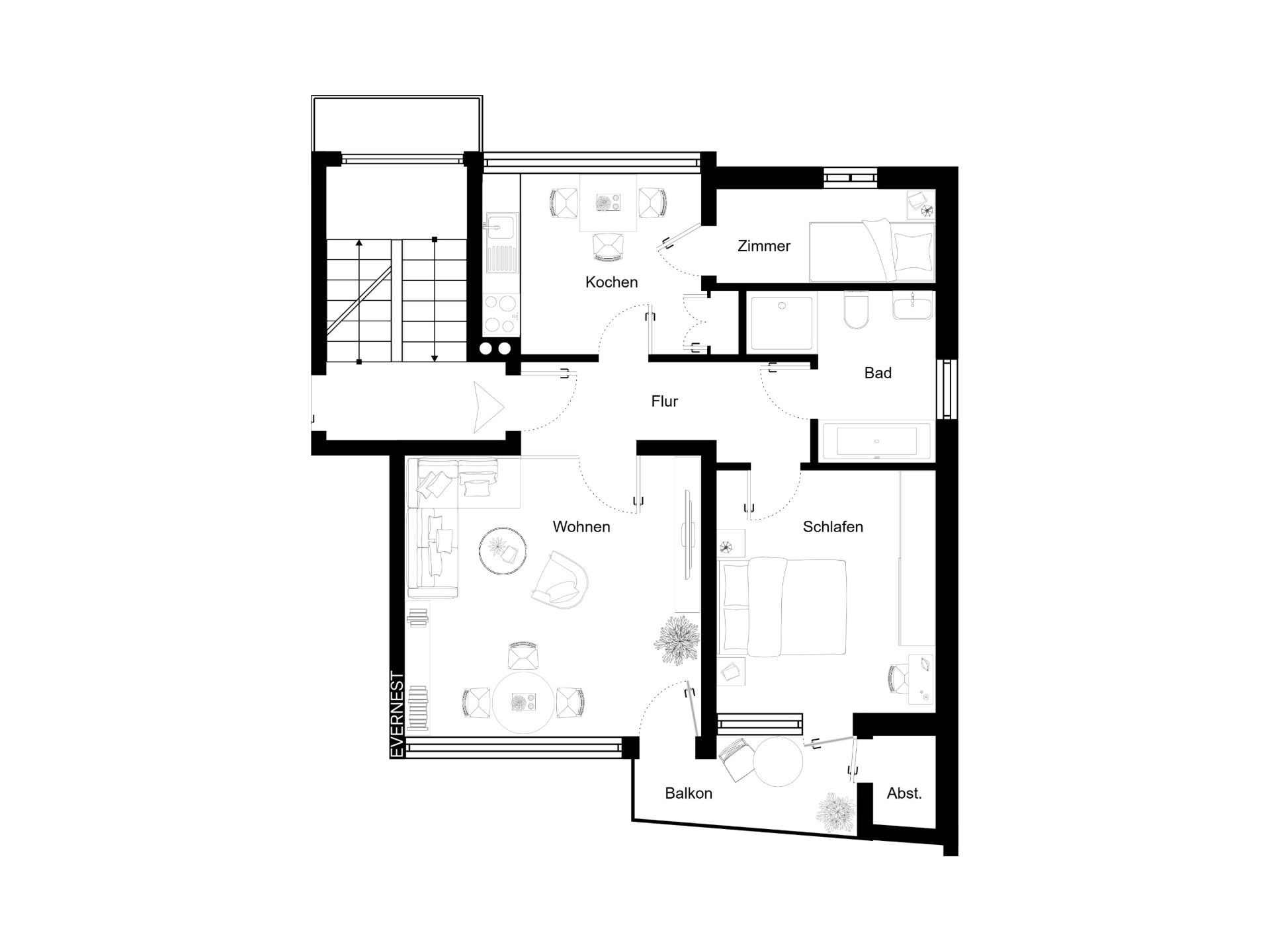 Grundriss einer Wohnung mit Wohn-, Schlaf-, Kochbereich, Bad, Zimmer, Balkon und Abstellraum.