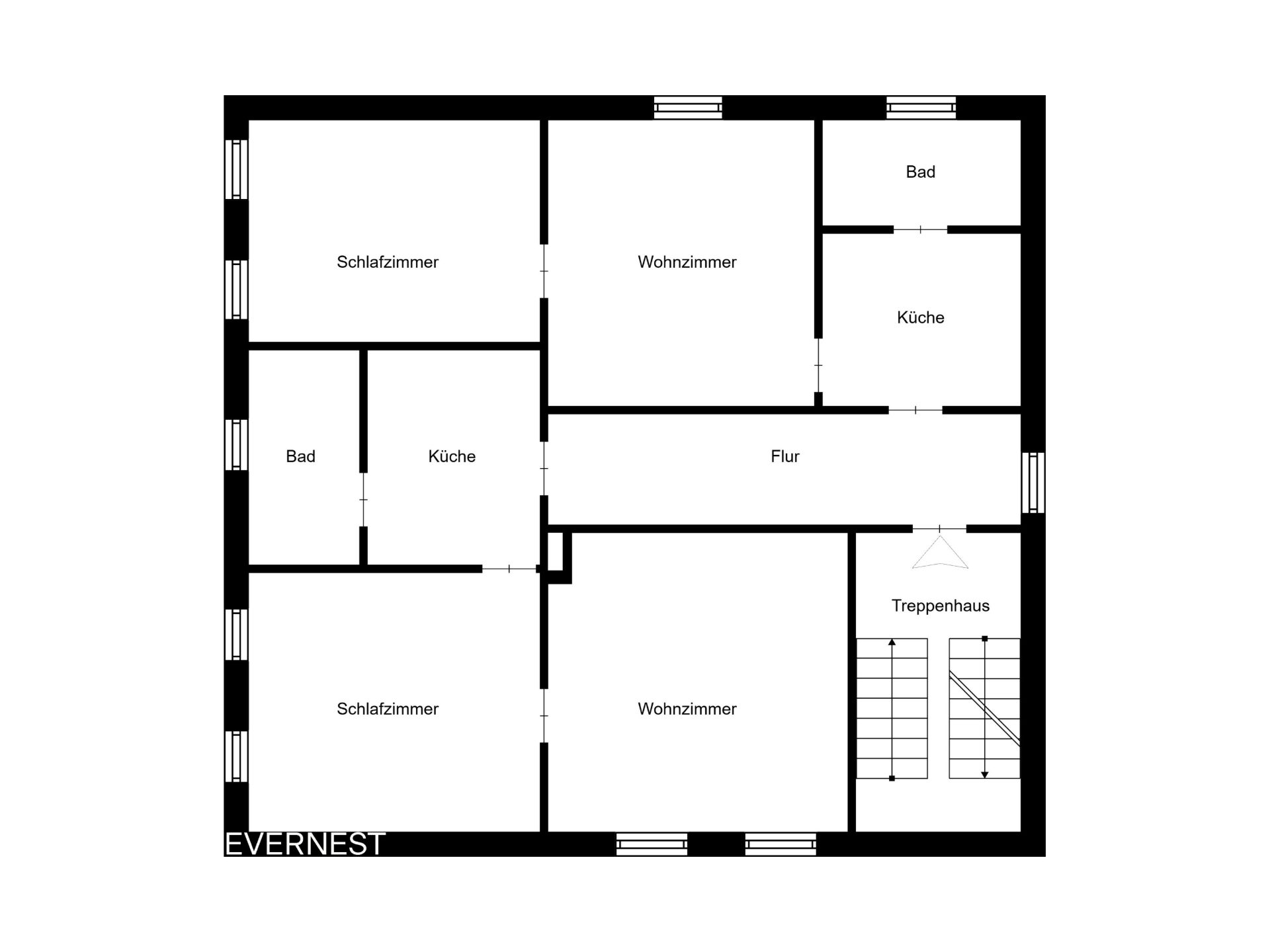 Grundriss mit zwei Schlafzimmern, zwei Wohnzimmern, zwei Küchen, zwei Bädern, Flur und Treppenhaus.