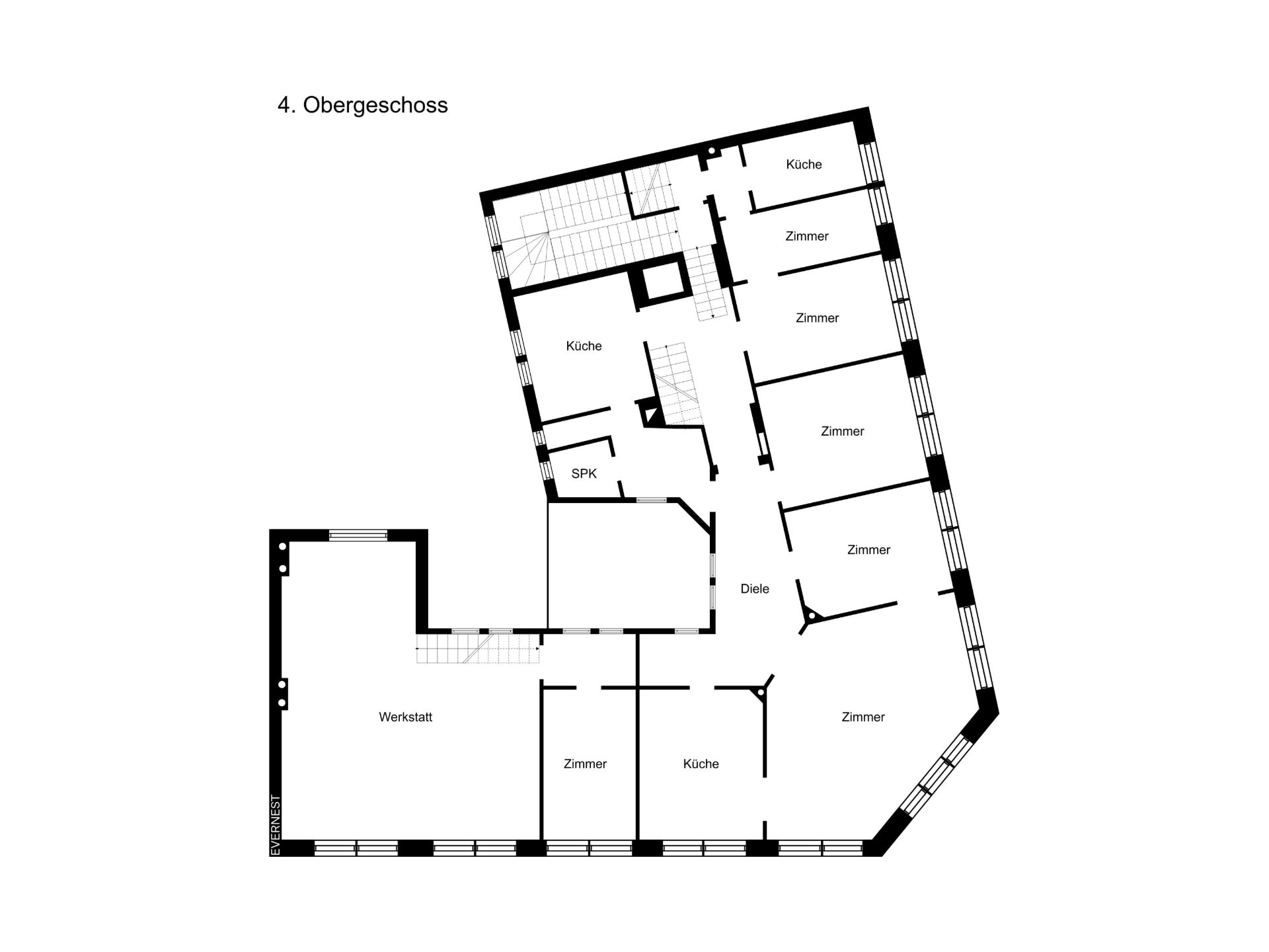 Grundriss eines Obergeschosses mit mehreren Zimmern, Küchen, einer Diele und einer Werkstatt.