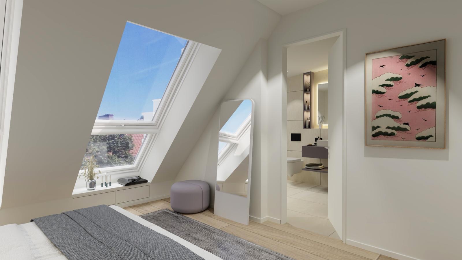 Helles Schlafzimmer mit Dachfenster, Spiegel, Hocker und Blick ins angrenzende Badezimmer.