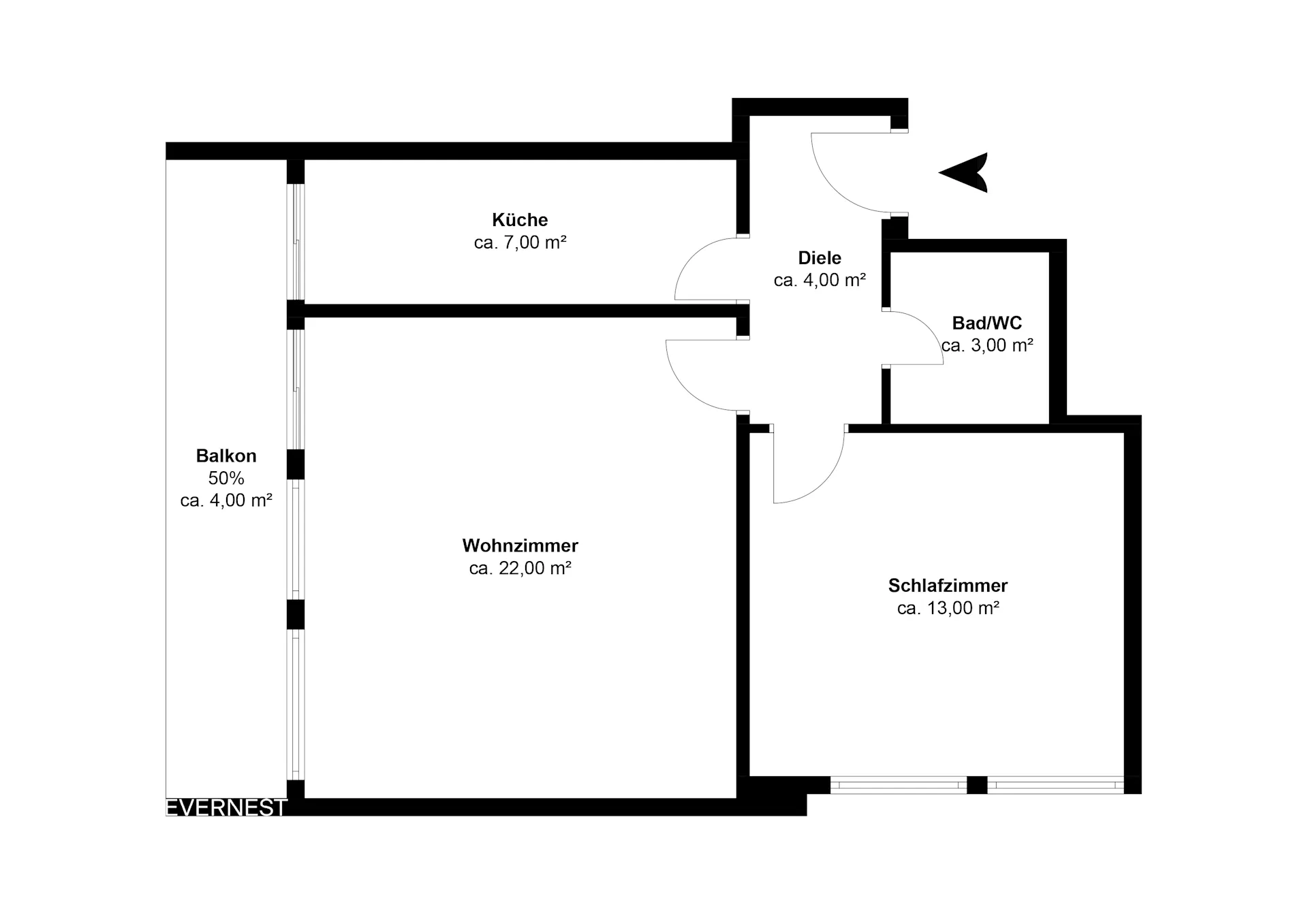 Grundriss einer Wohnung mit Wohnzimmer, Schlafzimmer, Küche, Bad/WC, Diele und Balkon.