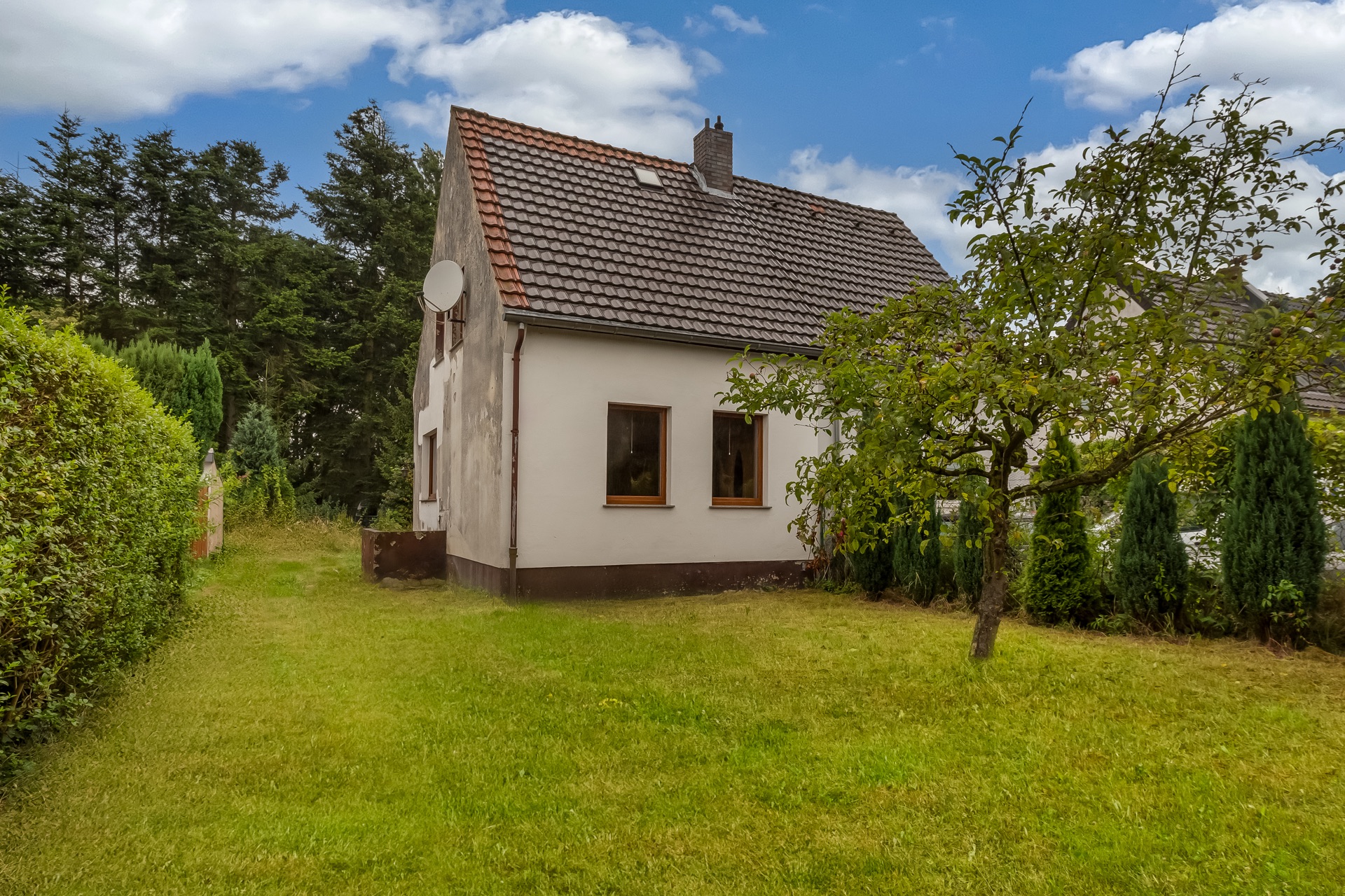 Ein Einfamilienhaus mit Garten, umgeben von Bäumen und Hecken, unter blauem Himmel.