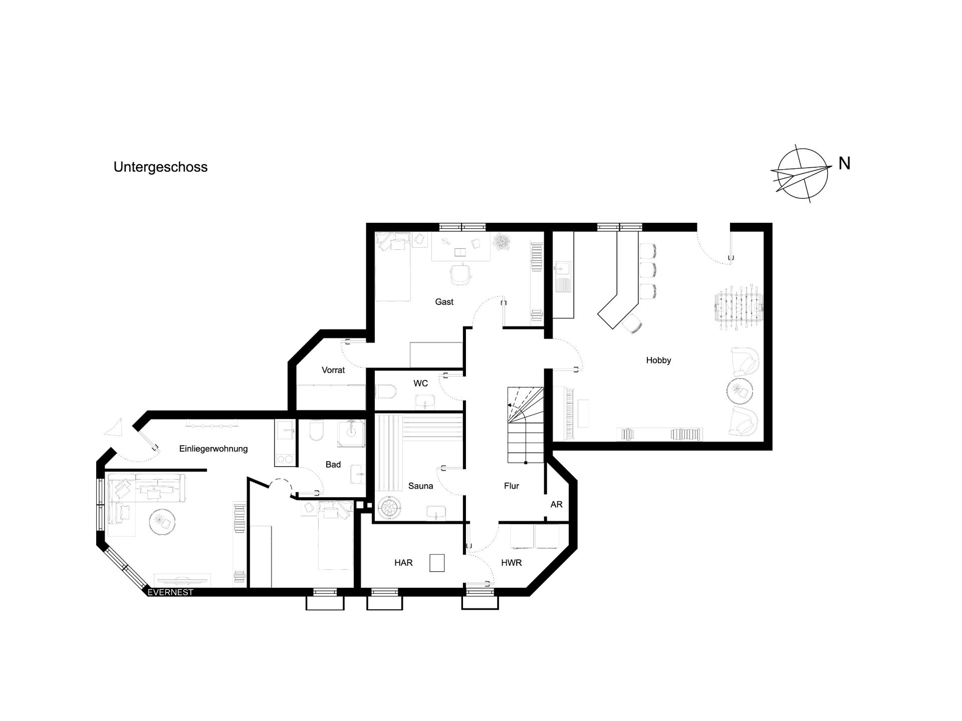 Grundriss des Untergeschosses mit Einliegerwohnung, Hobbyraum, Sauna und mehreren Nebenräumen.