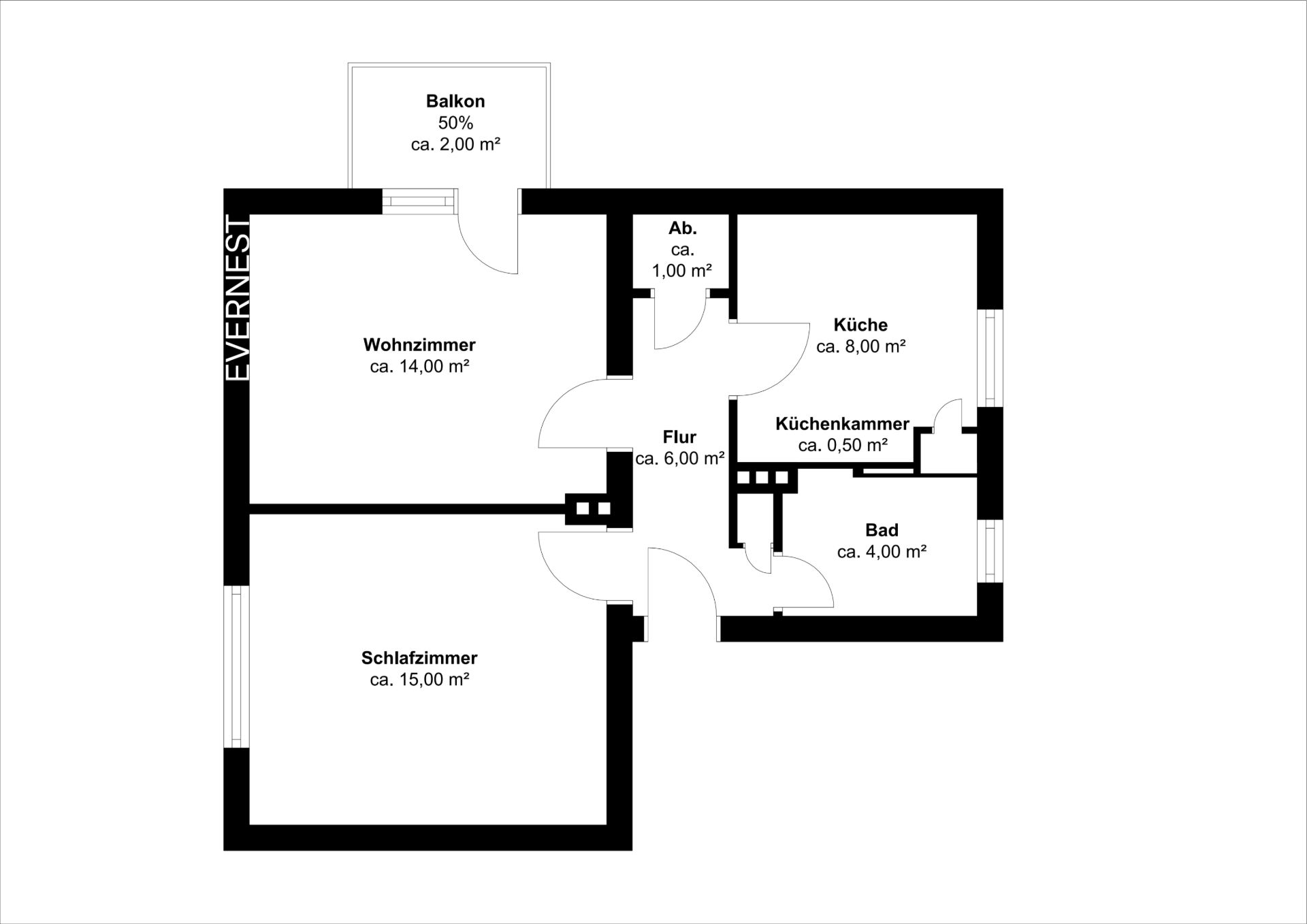 Grundriss einer Wohnung mit Wohnzimmer, Schlafzimmer, Küche, Bad, Flur, Abstellraum und Balkon.