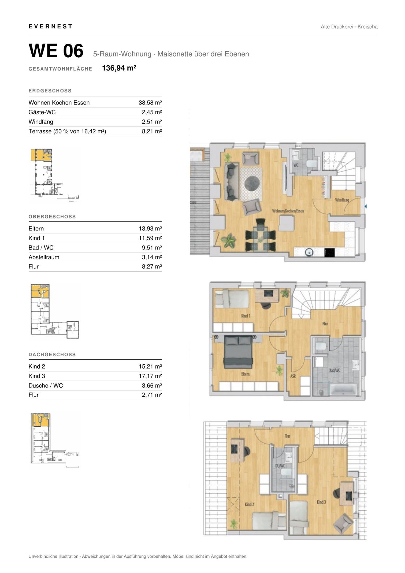 Grundriss einer dreistöckigen Wohnung mit Wohn-, Schlaf- und Kinderzimmern sowie Bädern auf jeder Etage.