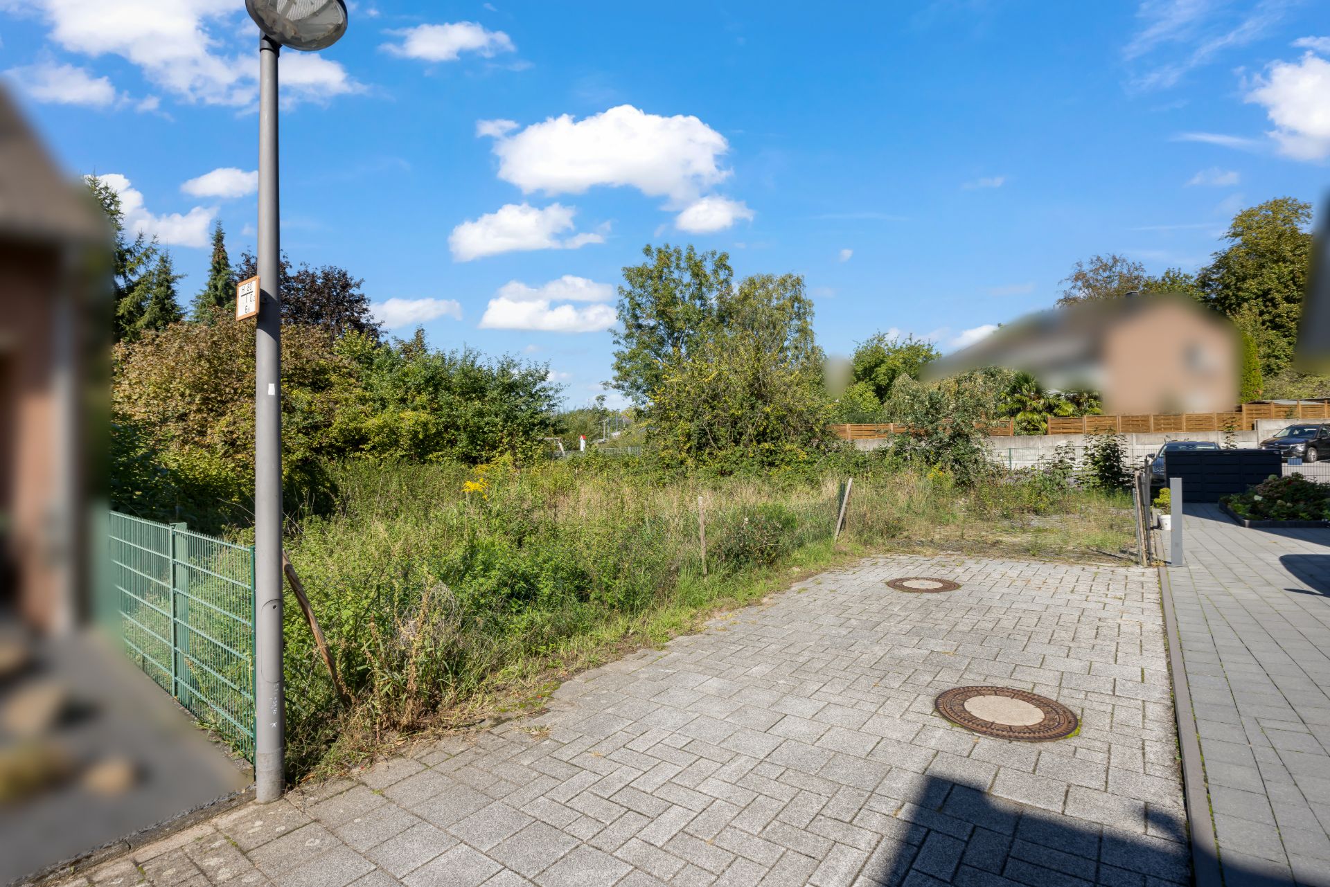 Gepflasterter Weg neben einer Grünfläche mit Laterne und Bewuchs, unter blauem Himmel.