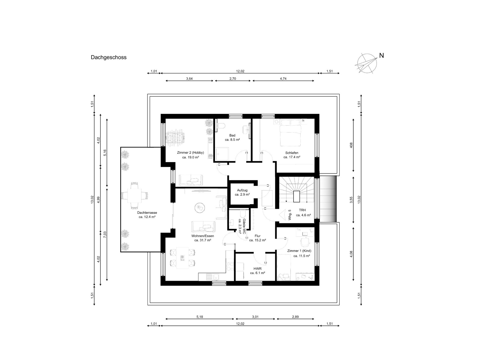 Grundriss eines Dachgeschosses mit mehreren Zimmern, Dachterrasse und Flur.