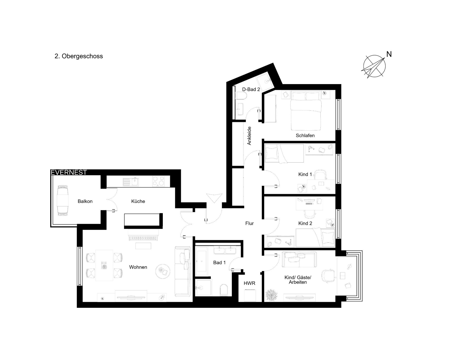 Grundriss einer Wohnung mit Balkon, drei Schlafzimmern, Wohnzimmer, Küche und zwei Bädern.