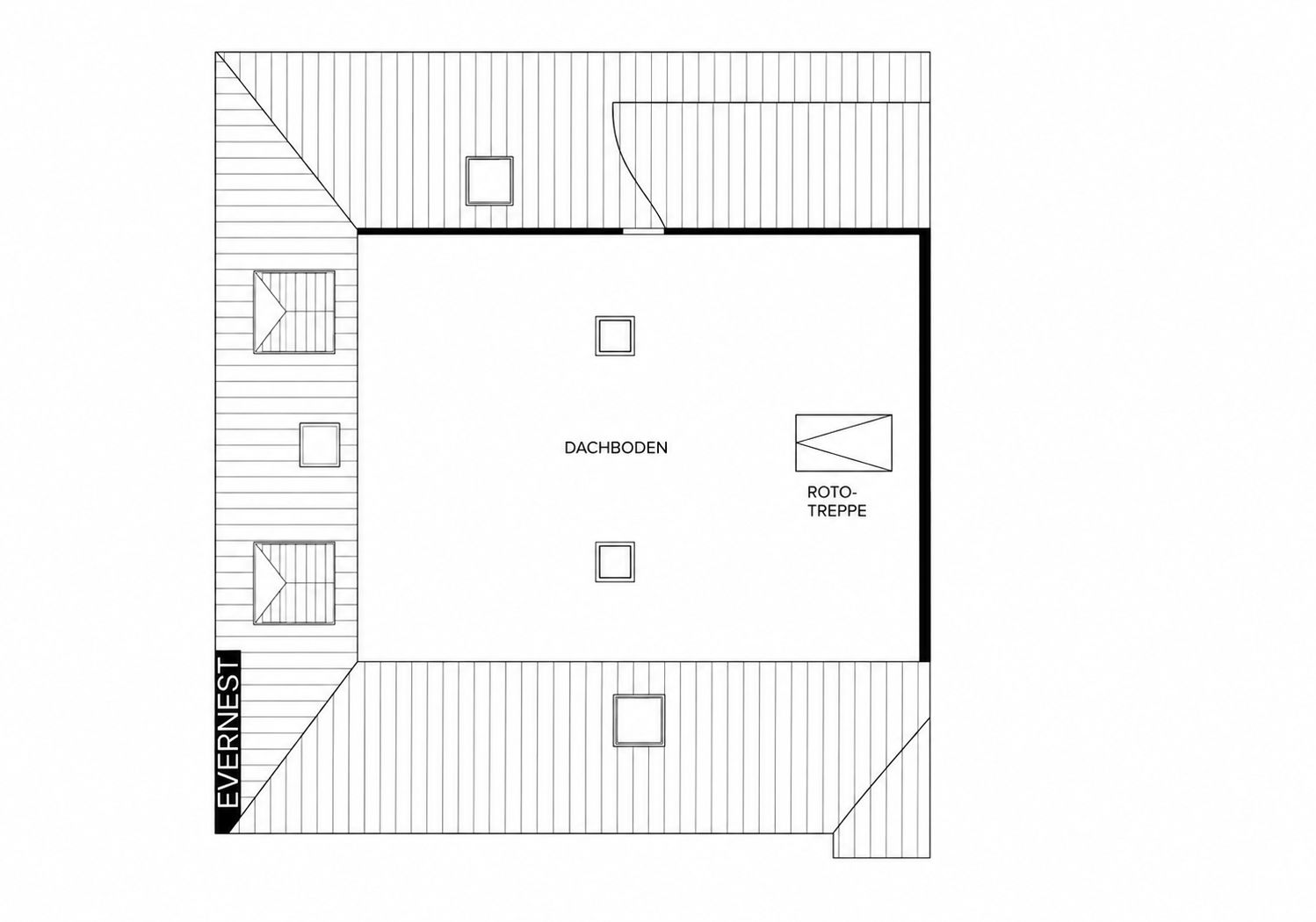 Grundriss eines Dachbodens mit mehreren Fenstern und einer Treppe.
