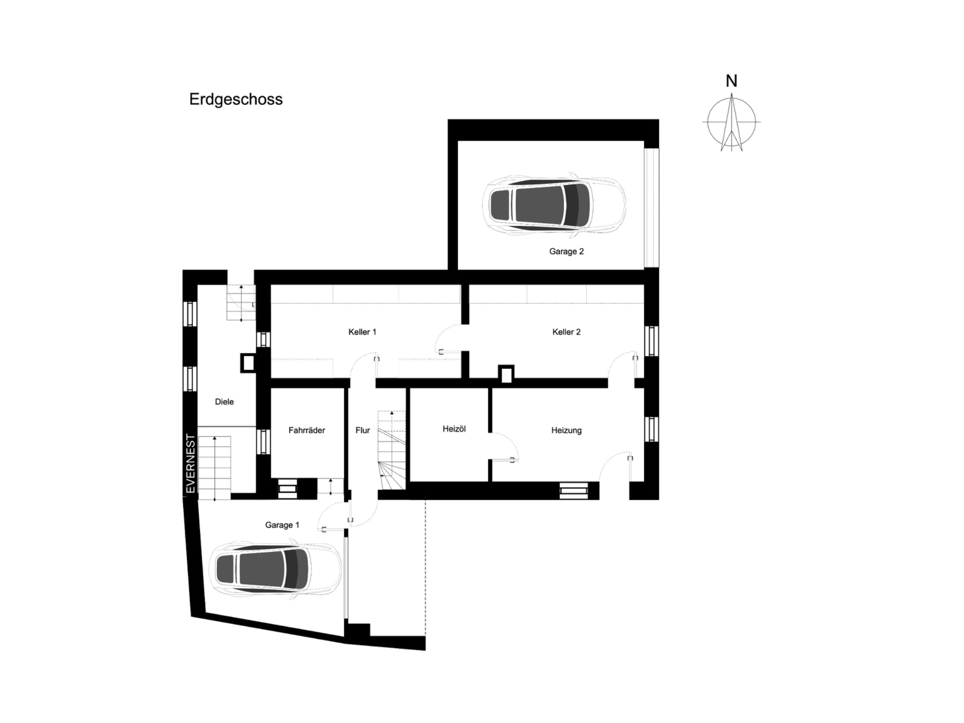 Grundriss des Erdgeschosses mit zwei Garagen, Keller, Flur, Heizraum und Diele.