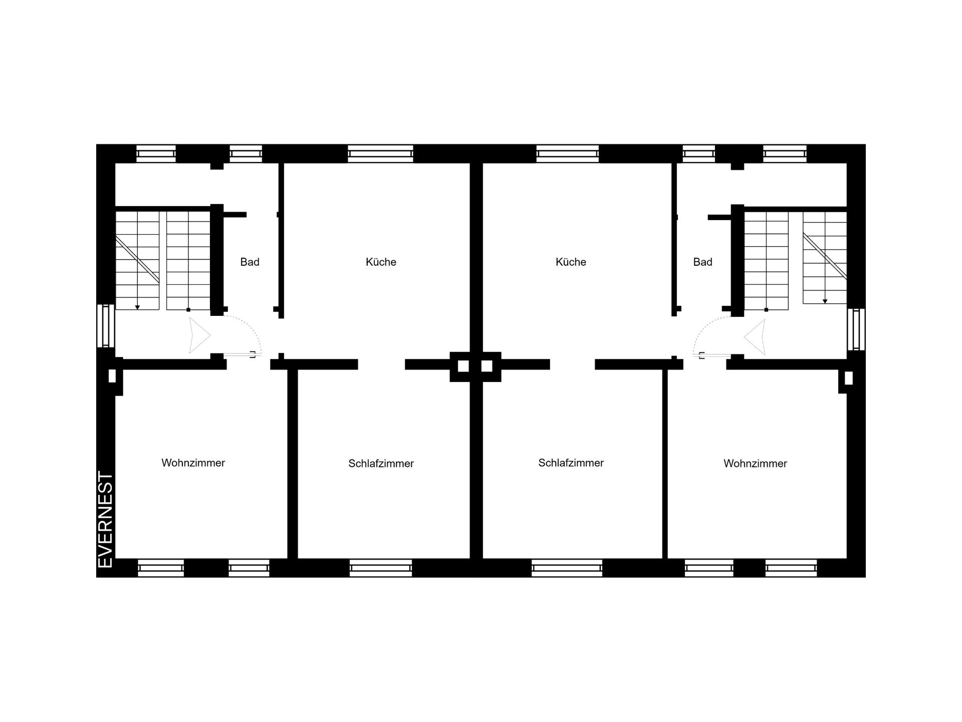 Grundriss mit zwei Wohnungen, jeweils mit Wohnzimmer, Schlafzimmer, Küche, Bad und Treppenhaus.