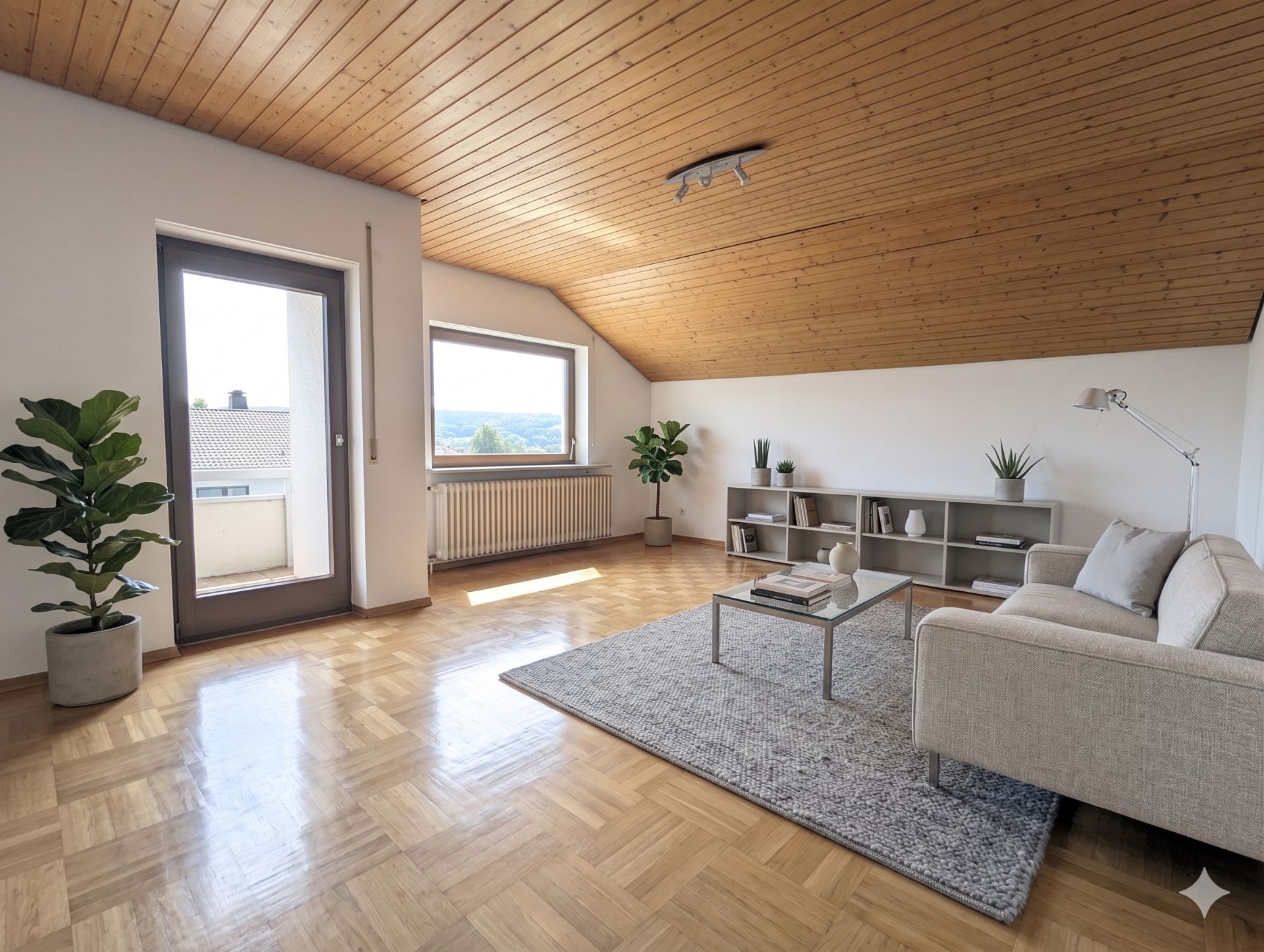 Helles Wohnzimmer mit Holzdecke, Sofa, Teppich, Regal, zwei Pflanzen und Zugang zum Balkon.