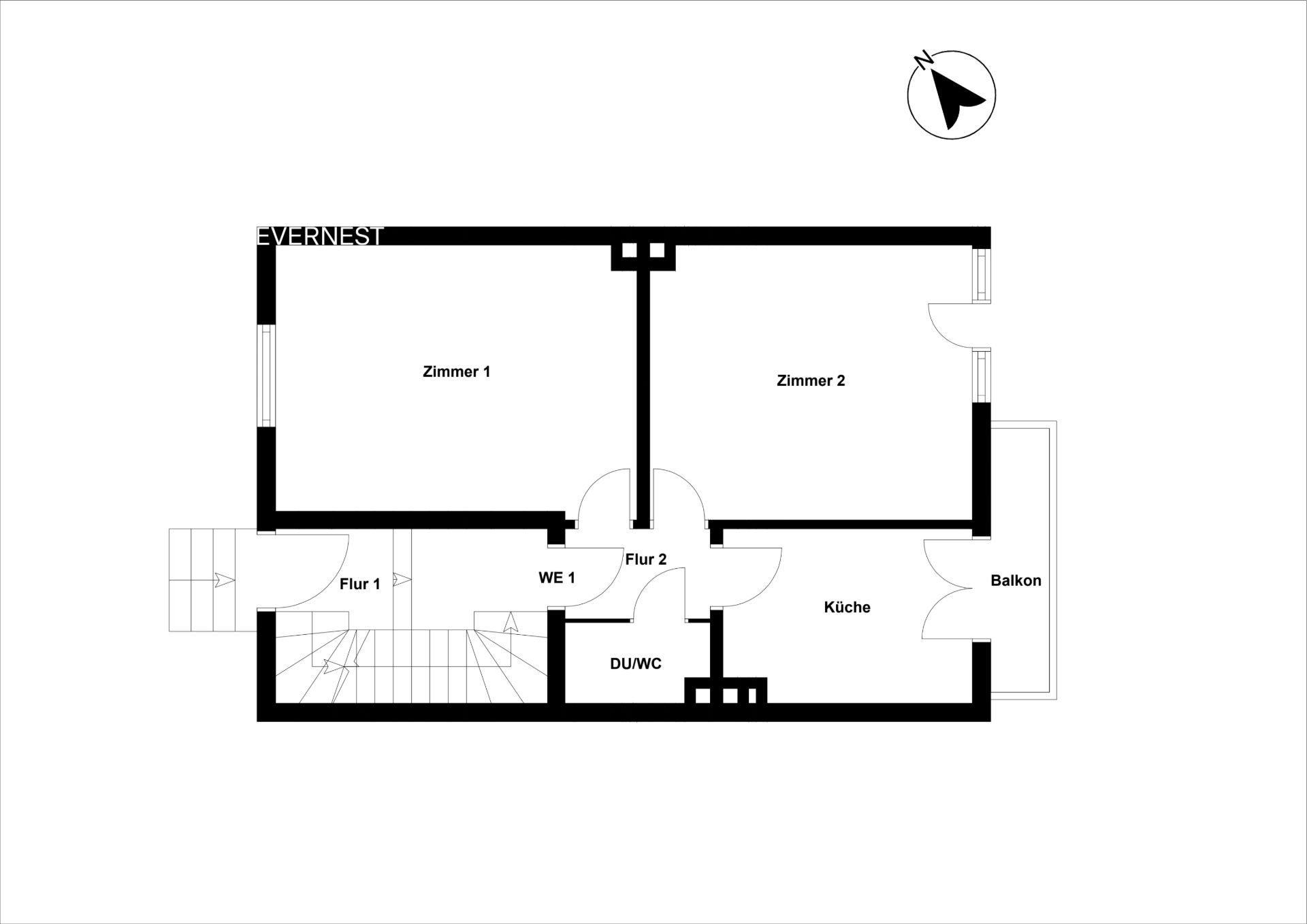 Grundriss einer Wohnung mit zwei Zimmern, Küche, Bad, Flur und Balkon.