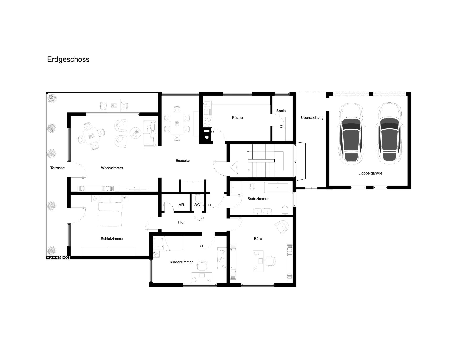 Grundriss des Erdgeschosses mit Wohnzimmer, Küche, Schlafzimmer, Kinderzimmer, Büro und Doppelgarage.