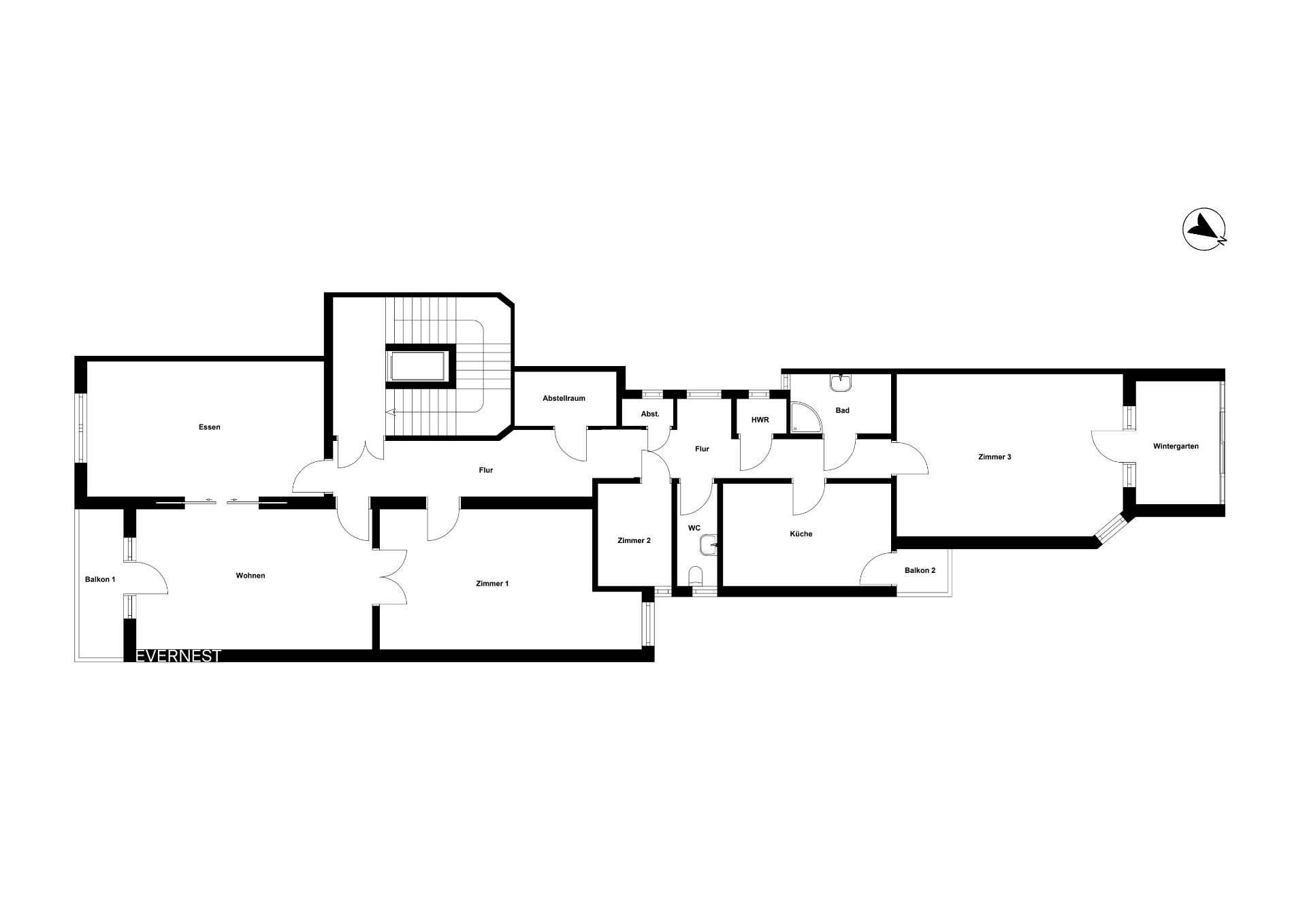 Grundriss einer Wohnung mit drei Zimmern, Küche, Bad, Wintergarten und zwei Balkonen.