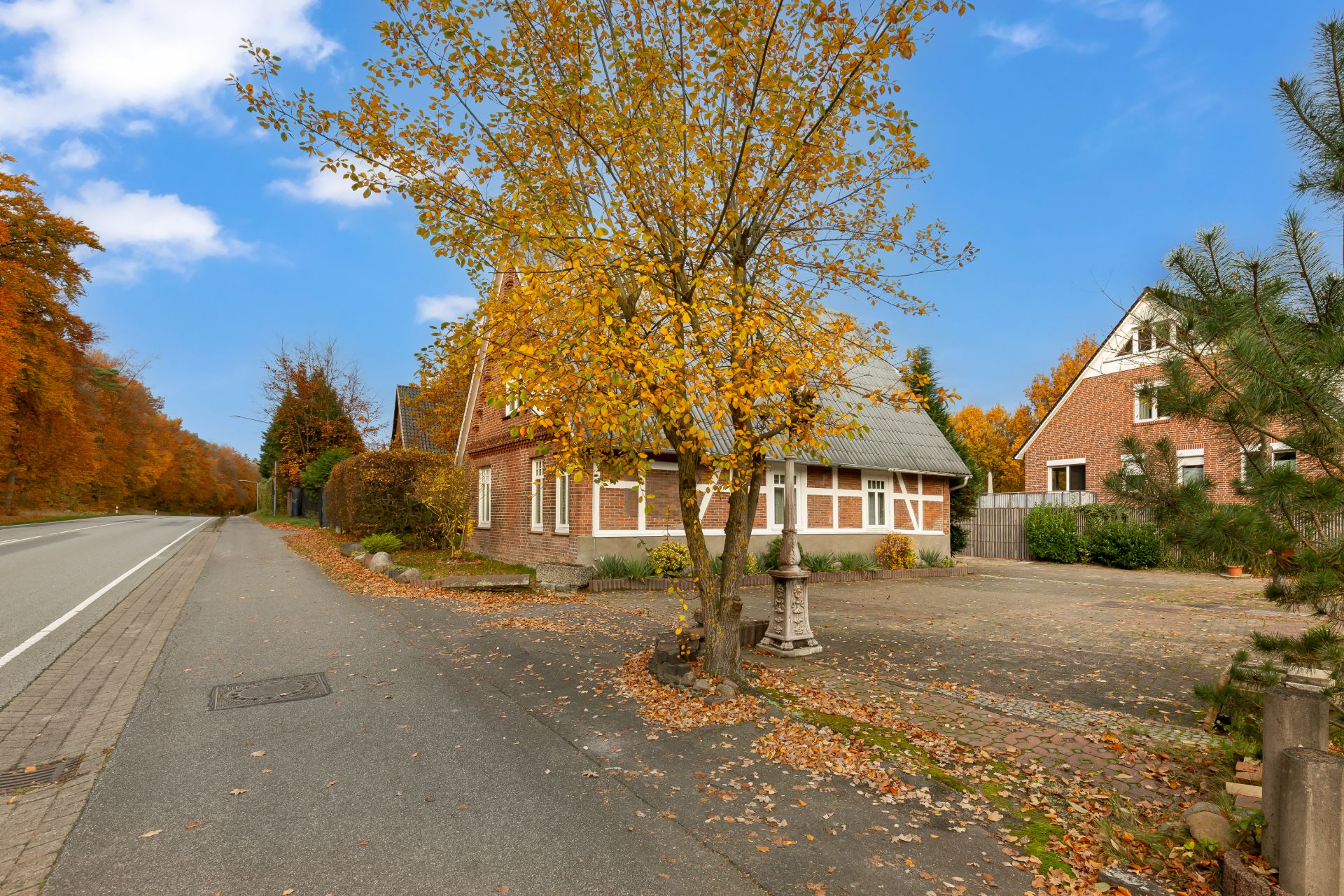 Backsteinhaus an einer Straße, im Vordergrund ein Baum mit Herbstlaub.