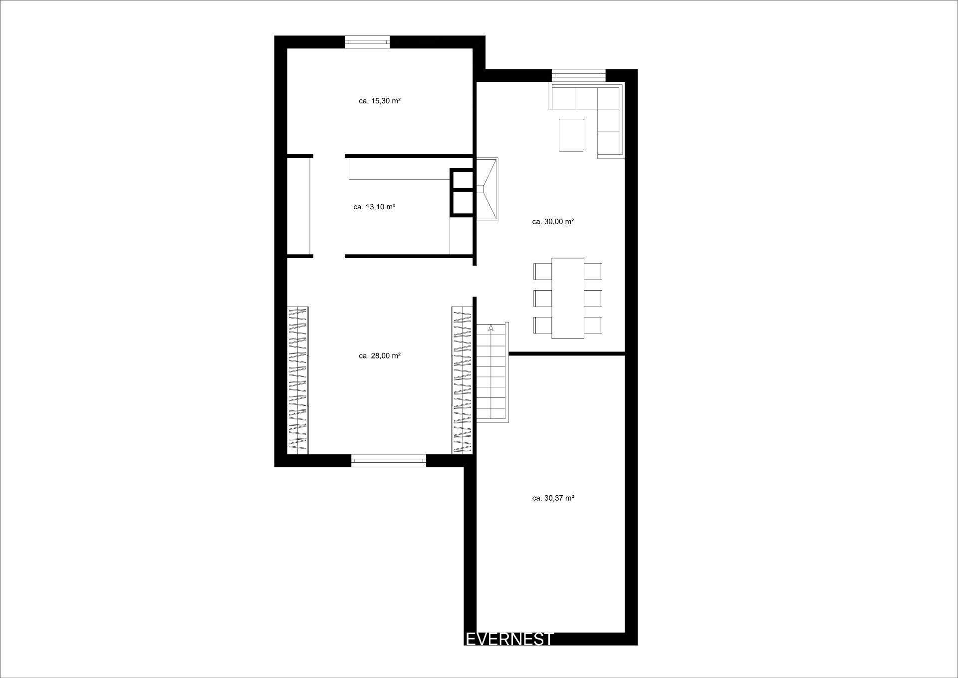 Grundriss mit mehreren Räumen, Möbeln und Flächenangaben in Quadratmetern.