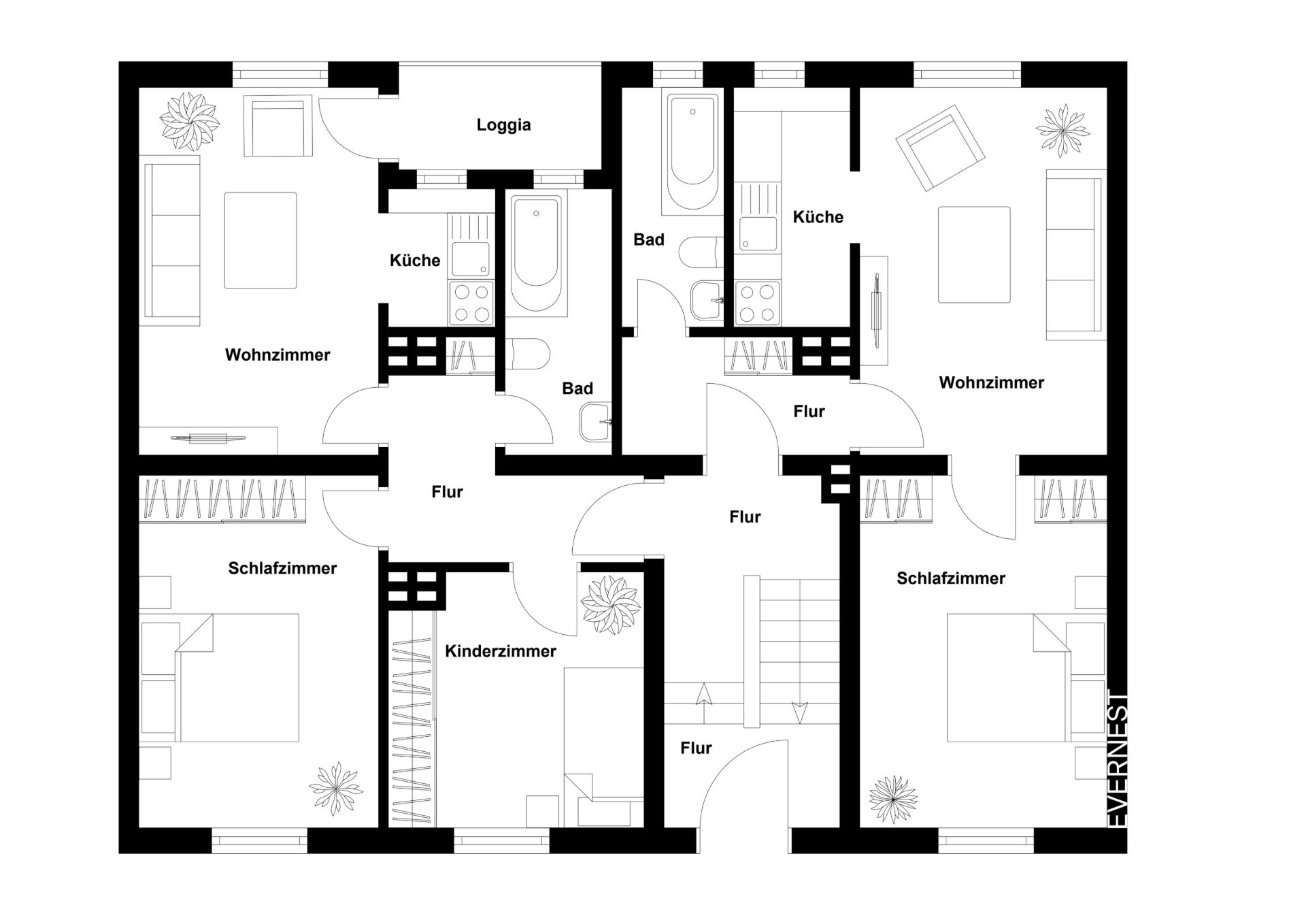 Grundriss einer Wohnung mit zwei Wohnzimmern, zwei Schlafzimmern, Kinderzimmer, zwei Küchen und zwei Bädern.