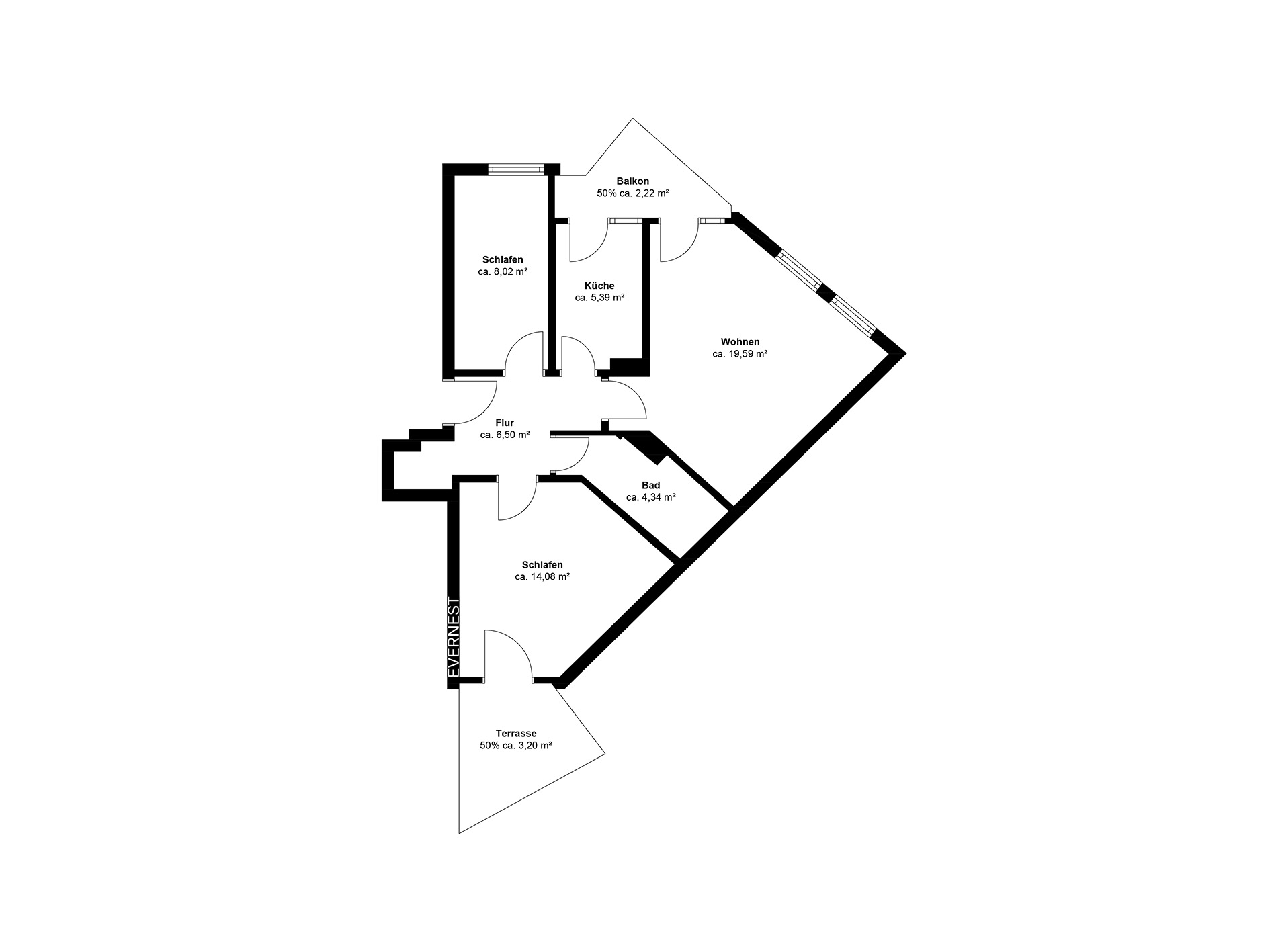 Grundriss einer Wohnung mit zwei Schlafzimmern, Küche, Bad, Wohnzimmer, Balkon und Terrasse.