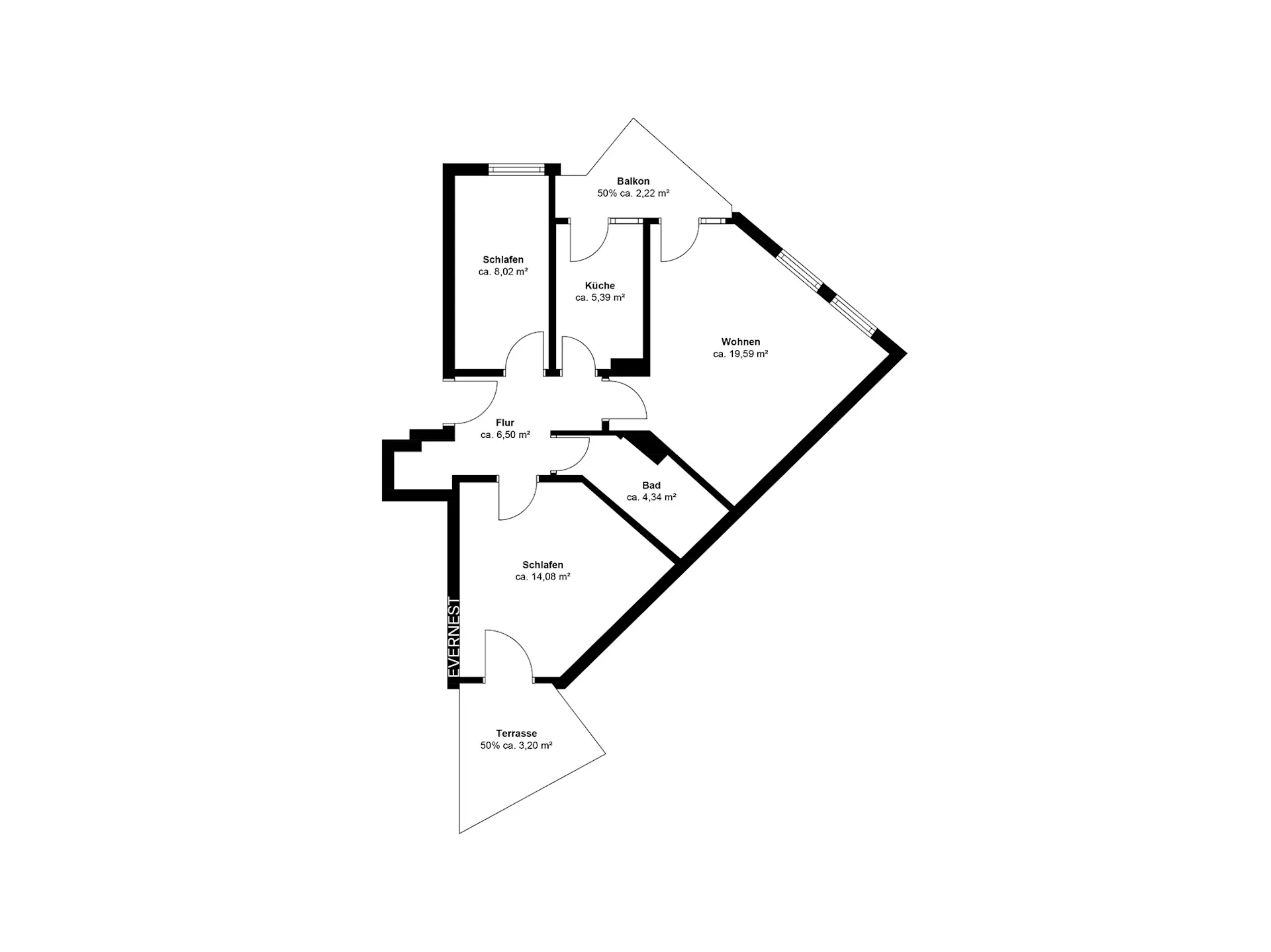 Grundriss einer Wohnung mit zwei Schlafzimmern, Küche, Bad, Wohnzimmer, Balkon und Terrasse.
