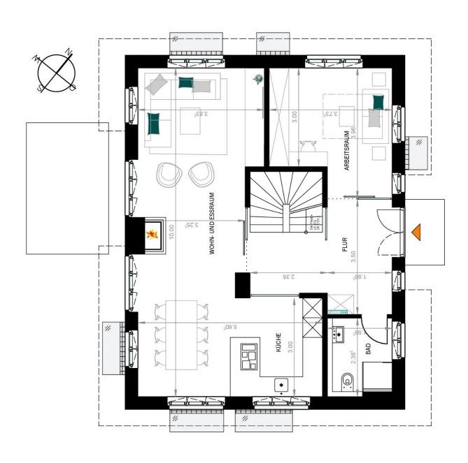 Grundriss eines Wohnhauses mit Wohn- und Esszimmer, Küche, Bad und Arbeitszimmer.