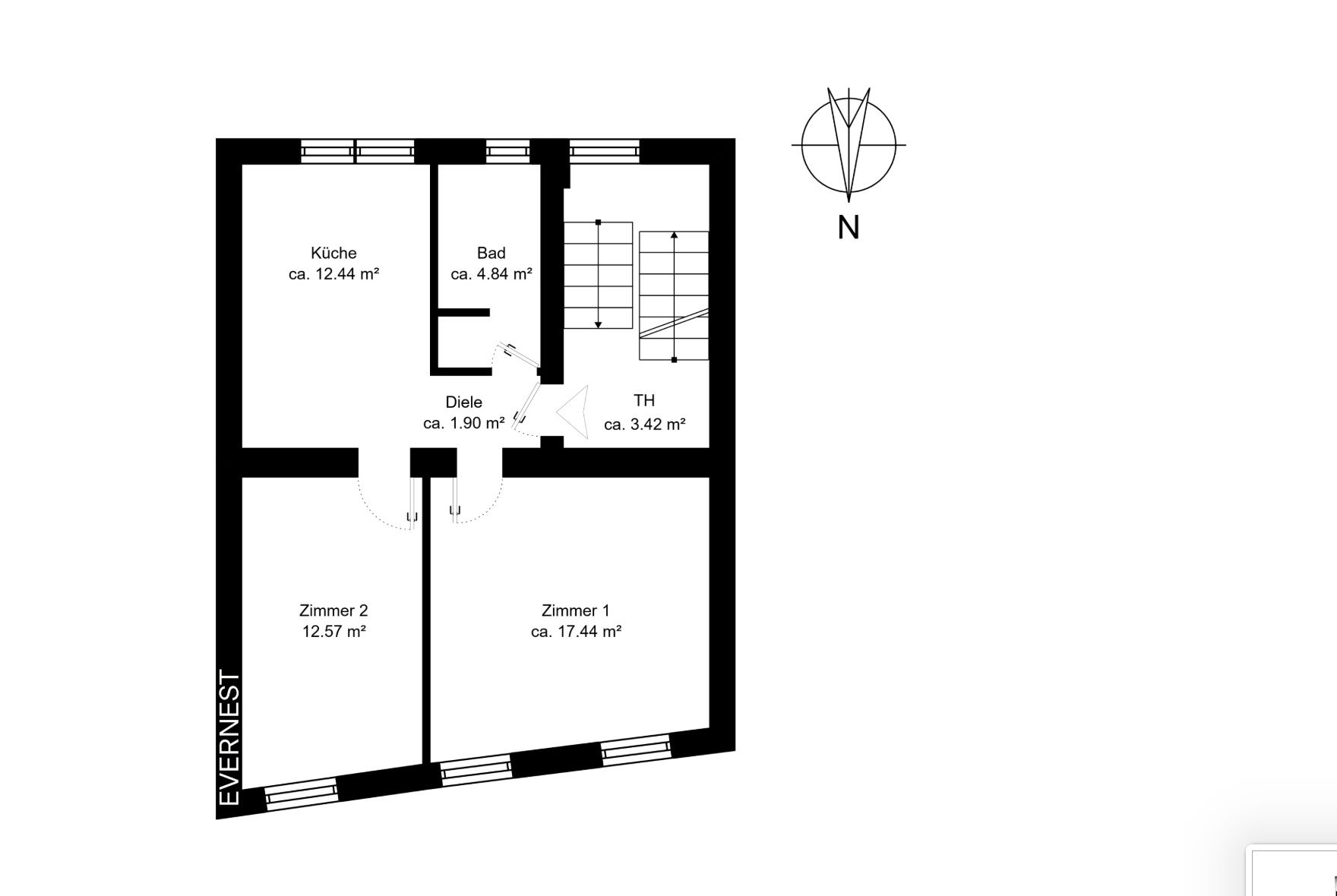 Grundriss mit Küche, Bad, Diele, Zimmer 1, Zimmer 2 und Treppenhaus mit Flächenangaben.