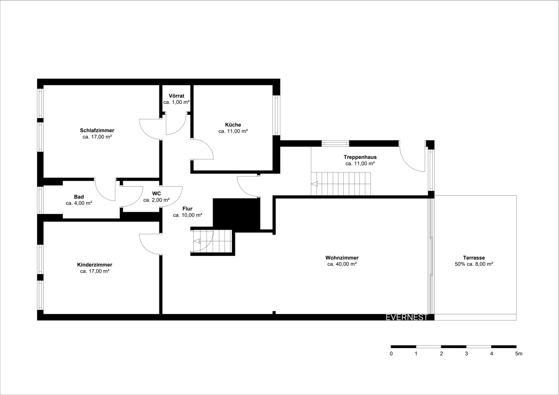 Grundriss einer Wohnung mit Schlafzimmer, Kinderzimmer, Bad, Küche, Wohnzimmer und Terrasse.