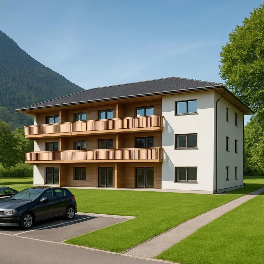 Modernes Wohnhaus mit drei Etagen, Balkonen und Parkplätzen auf grüner Wiese.