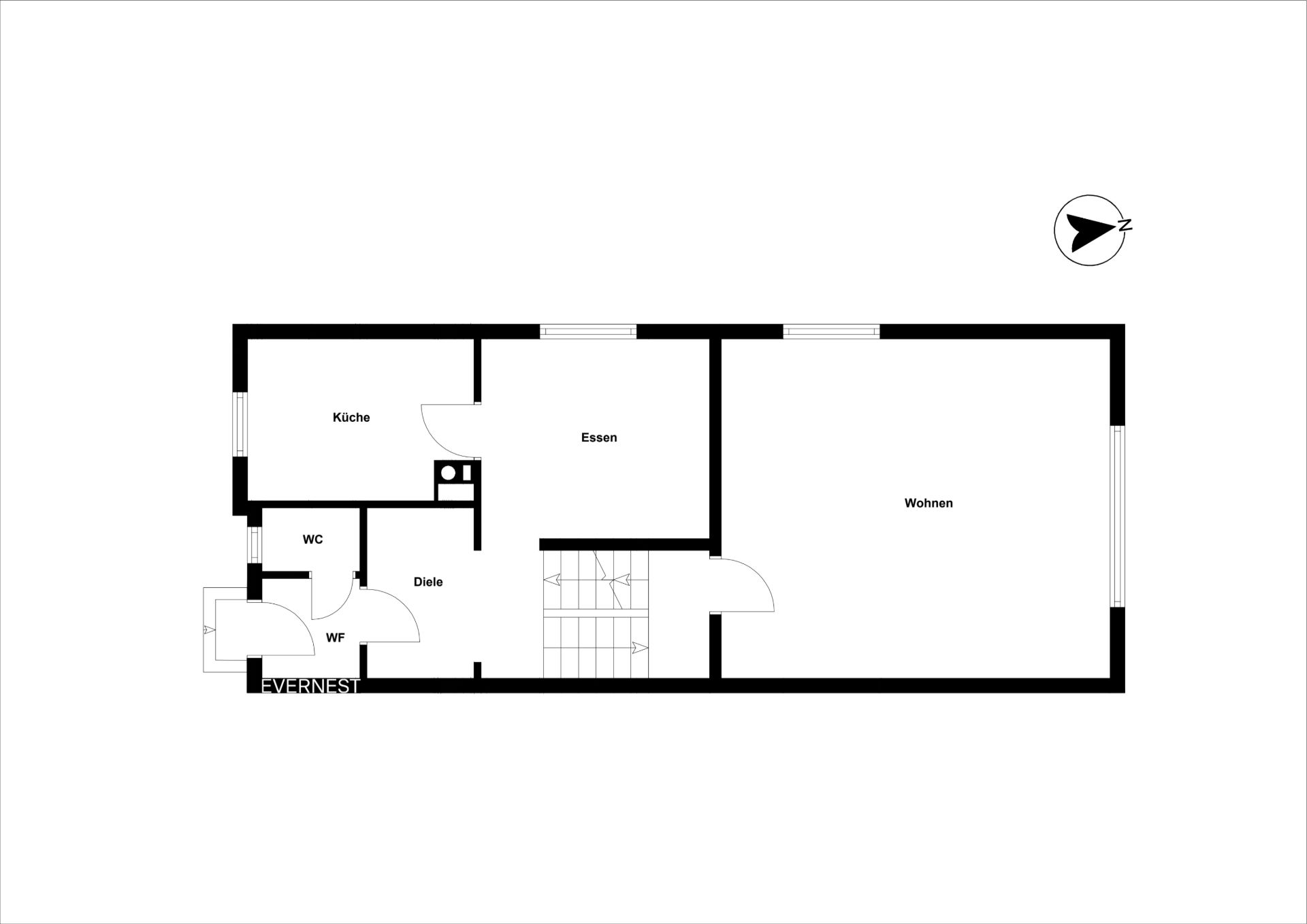 Grundriss einer Wohnung mit Küche, Essbereich, Wohnzimmer, WC und Diele.
