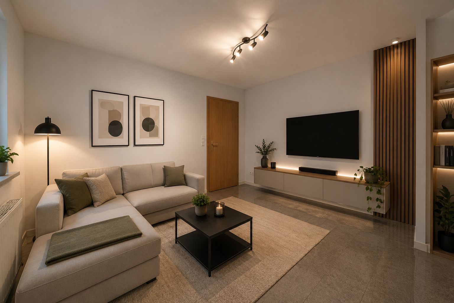 Modernes Wohnzimmer mit Ecksofa, Couchtisch, Teppich und großem Fernseher an der Wand.