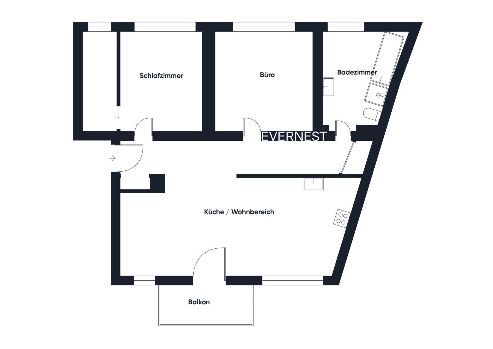 Grundriss einer Wohnung mit Schlafzimmer, Büro, Bad, Wohnküche und Balkon.