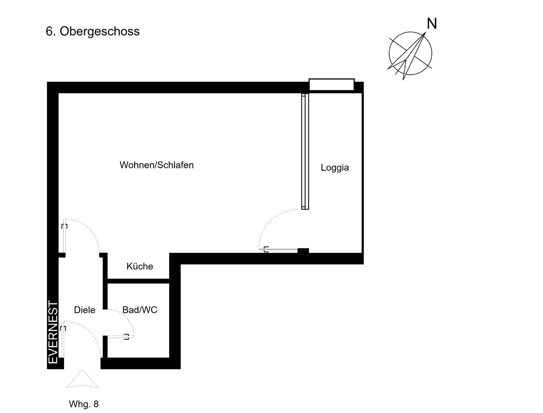 Grundriss einer Wohnung mit Wohn-/Schlafraum, Küche, Bad/WC, Diele und Loggia.