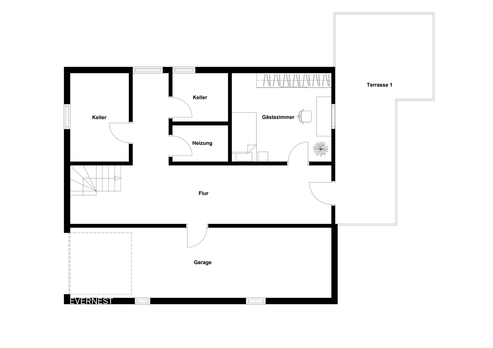 Grundriss zeigt Keller, Heizung, Gästezimmer, Flur, Garage und Terrasse eines Wohnhauses.
