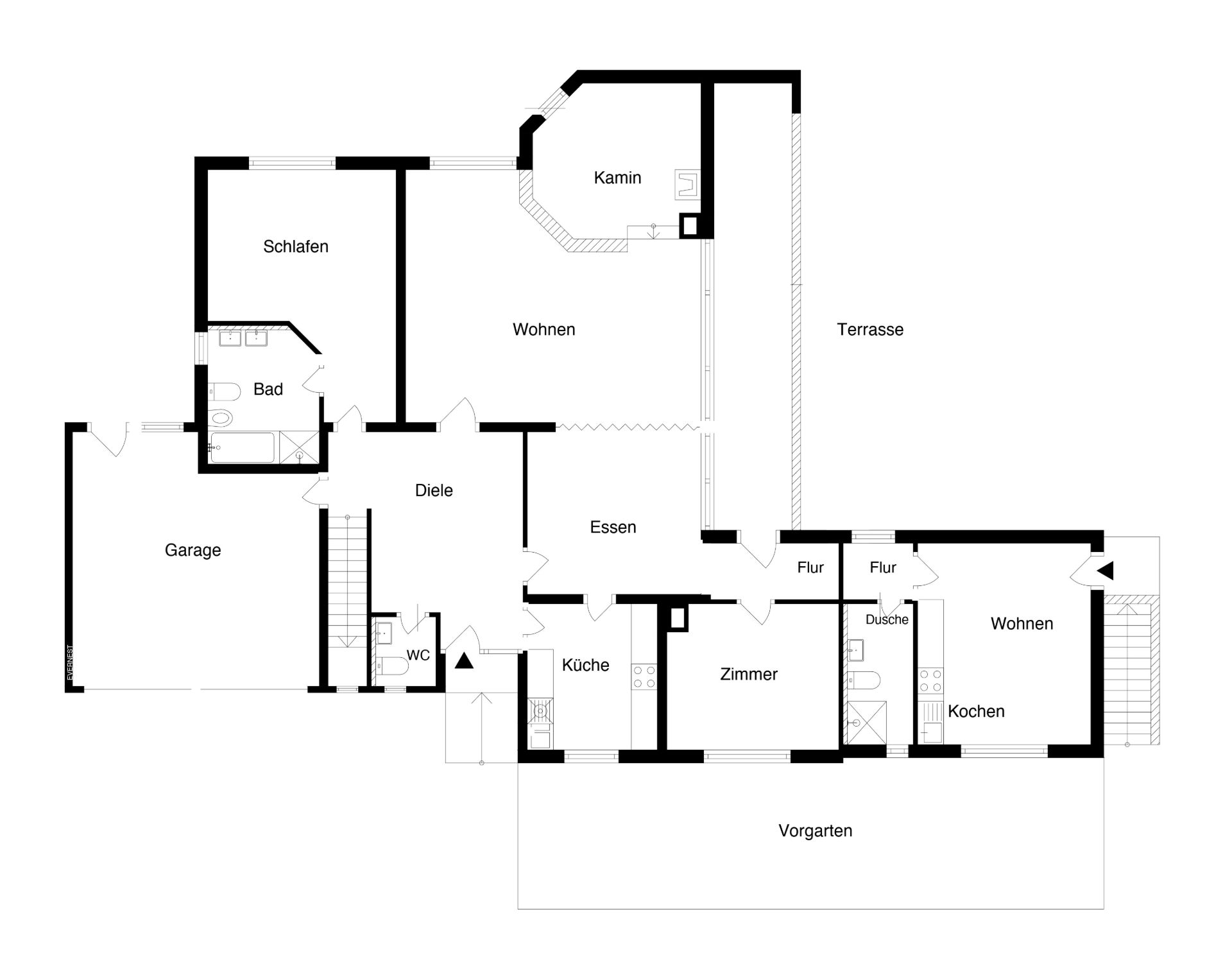 Grundriss eines Wohnhauses mit Garage, Schlafzimmer, Wohnzimmer, Küche und Terrasse.