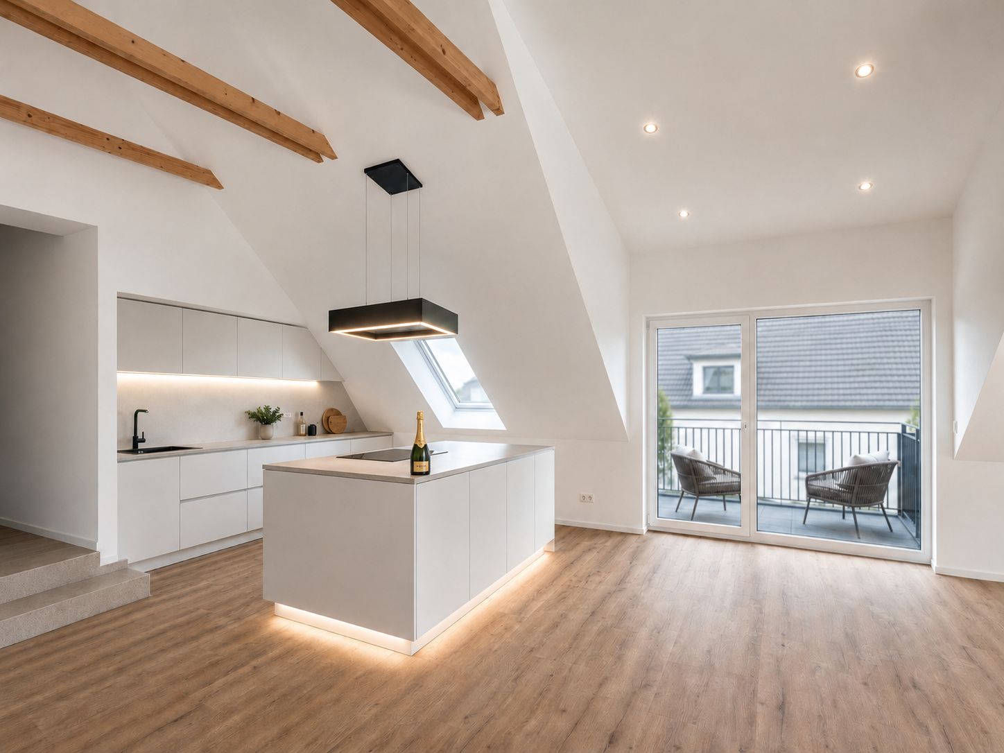 Moderne Küche mit Kochinsel, Holzboden und Zugang zu einem Balkon mit zwei Stühlen.
