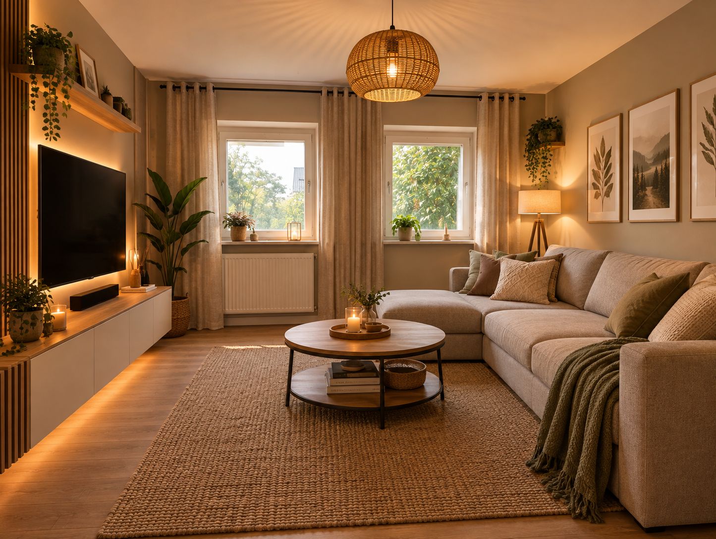 Modernes Wohnzimmer mit Ecksofa, Couchtisch, Fernseher und großen Fenstern, dekoriert mit Pflanzen und Bildern.