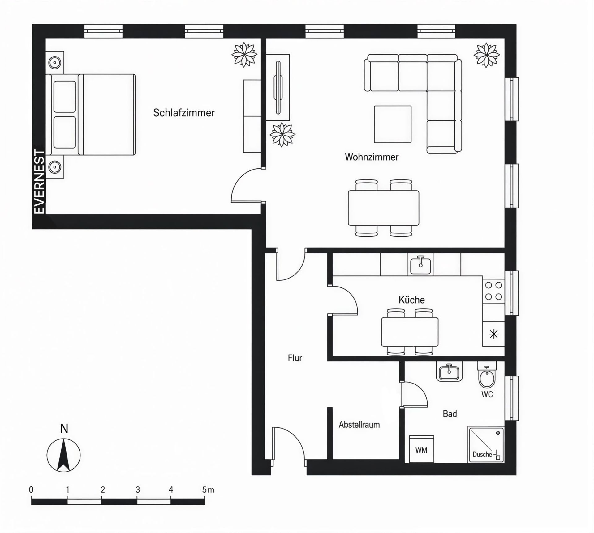 Grundriss einer Wohnung mit Schlafzimmer, Wohnzimmer, Küche, Bad und Abstellraum.