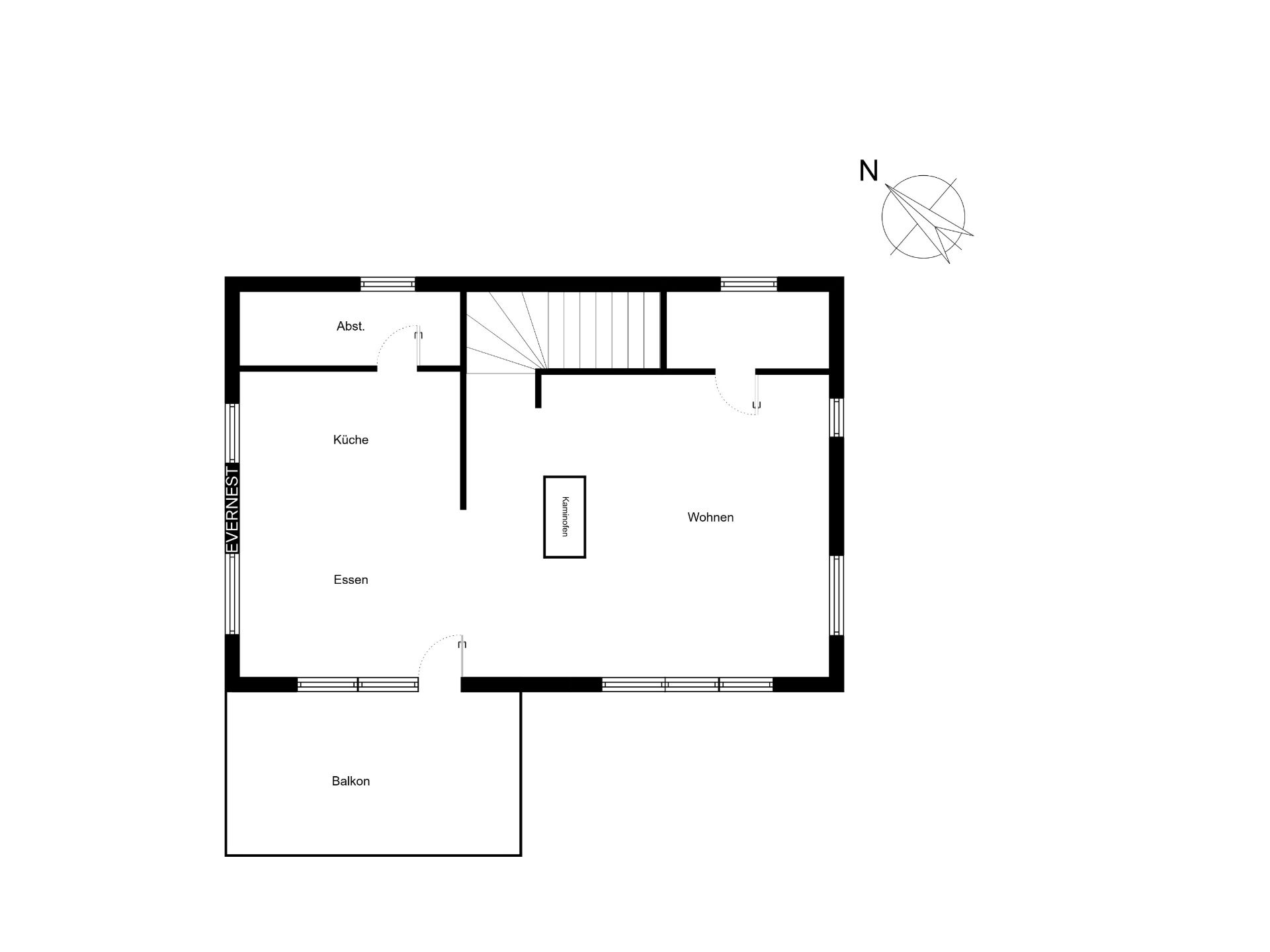 Grundriss mit Küche, Essbereich, Wohnzimmer, Abstellraum und Balkon.